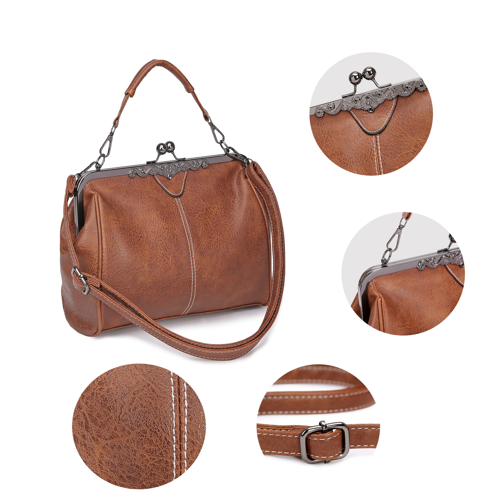 Vintage Women's Kiss Lock Handbag - Oil Leather Evening Clutch Purse & Satchel Tote Bag for Party, Wedding & Formal Events