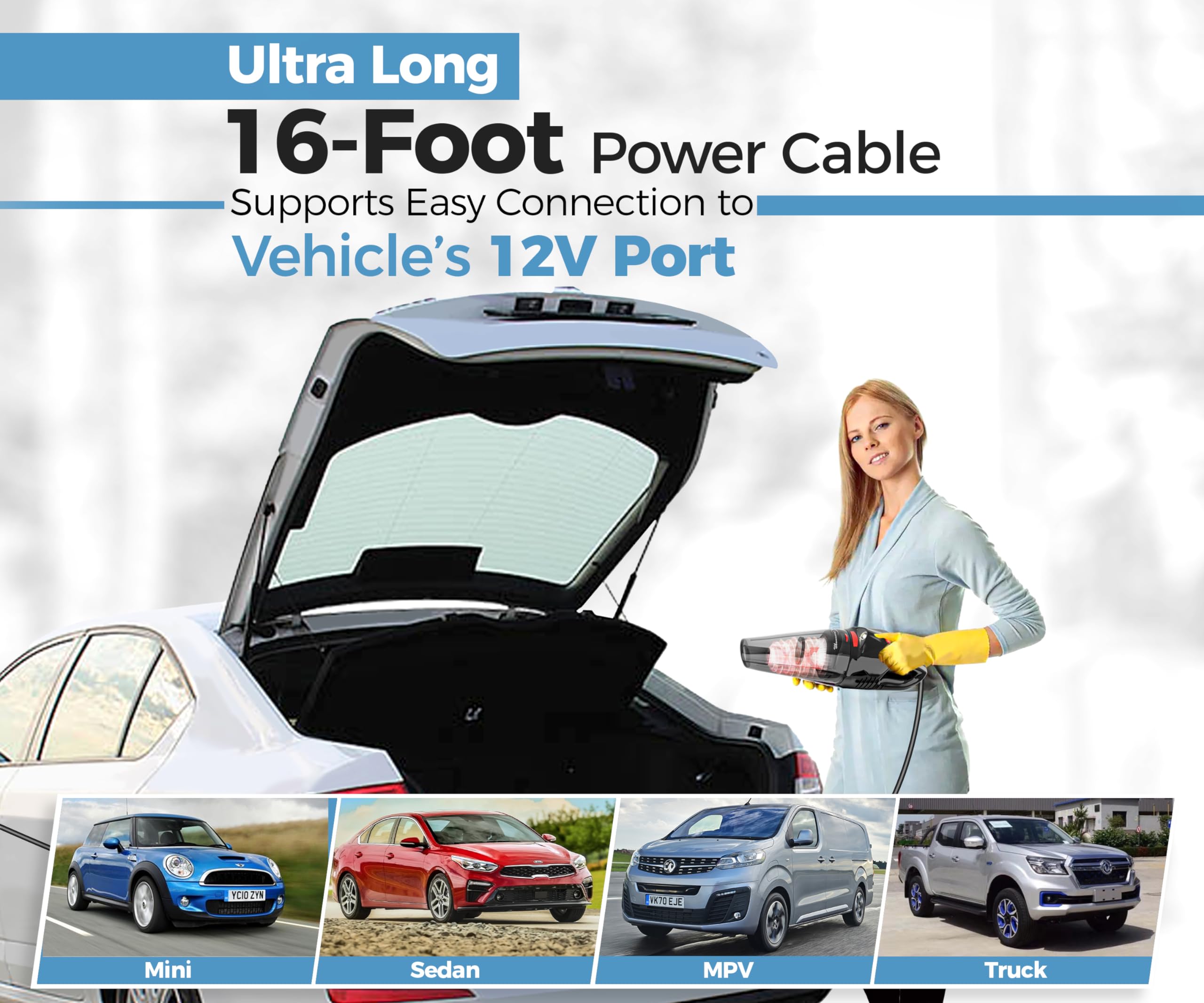 Portable Car Vacuum Cleaner - 9000Pa Powerful Suction, 12V DC Wired Vacuum with 16ft Cord, LED Light & Quiet Operation - Ideal for Car Detailing, Home & Office Cleaning - Perfect Car Accessory for Men & Women