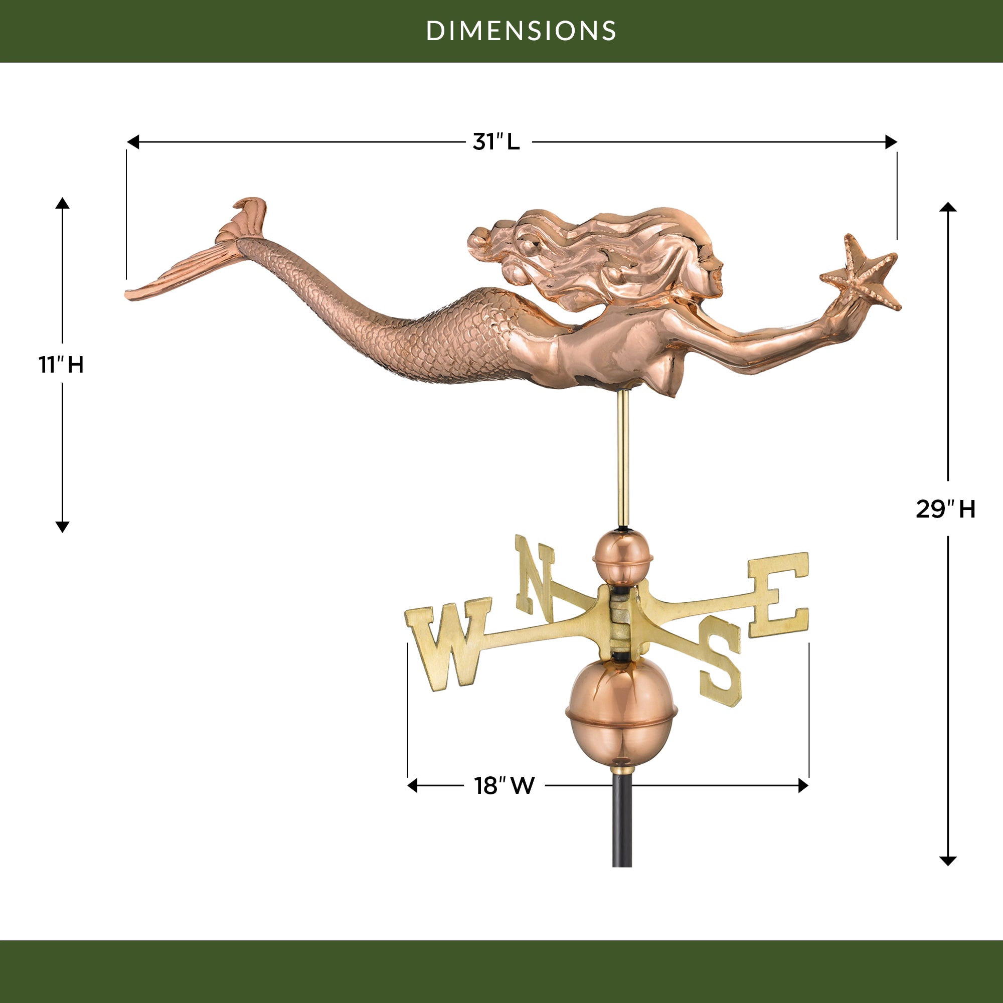 Mermaid with Starfish Weathervane - Decorative Outdoor Garden Ornament for Coastal & Beach House Decor