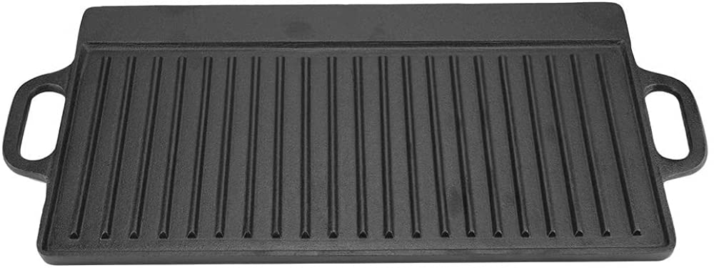 YRHH Non-Stick Cast Iron Grill Pan - Reversible Double Sided Griddle with Ridged & Flat Surface - 16.5x9 Inch Heavy Duty Steak, Fish & BBQ Cookware for Stovetop, Oven & Outdoor Camping