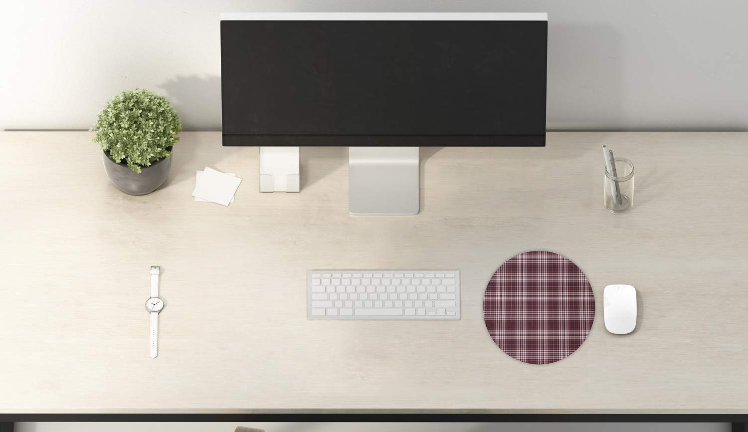 Ambesonne Round Non-Slip Gaming Mouse Pad - 8 Inch Thick Rubber Computer Mousepad with Classic Checkered Pattern in Dark Fuchsia & Rose | Perfect for Office, Gaming & Home Workspace