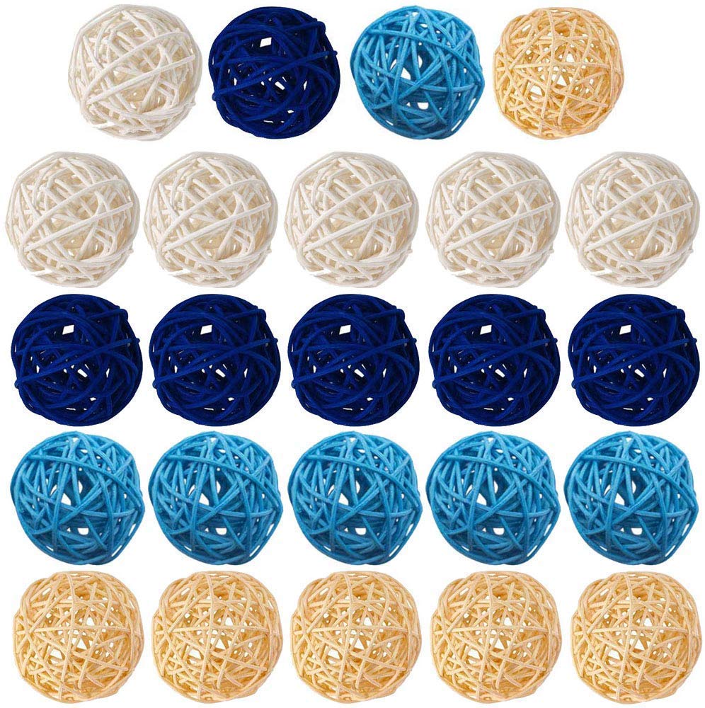 24PCS Blue Rattan Balls - Decorative Vase Fillers for Home, Wedding, Party & DIY Crafts | Natural Wicker Orbs for Centerpieces, Table Decor, and Floral Arrangements