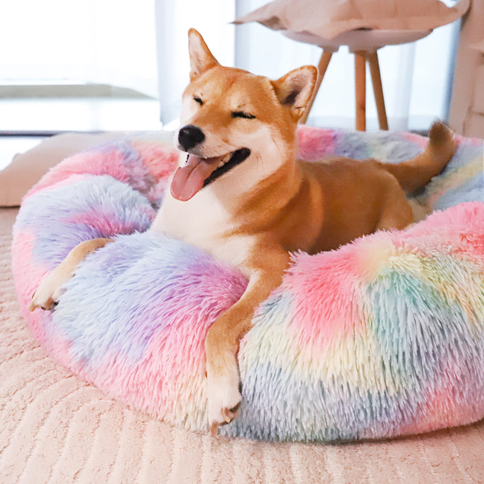 Calming Dog Bed for Medium Dogs & Cats - Fluffy Soft Faux Fur Anti-Anxiety Pet Donut Bed | Washable Cozy Cuddler for All Seasons (32 Inch, Rainbow) - Perfect for Anxiety Relief & Comfort in Living Rooms, Bedrooms or Pet Travel