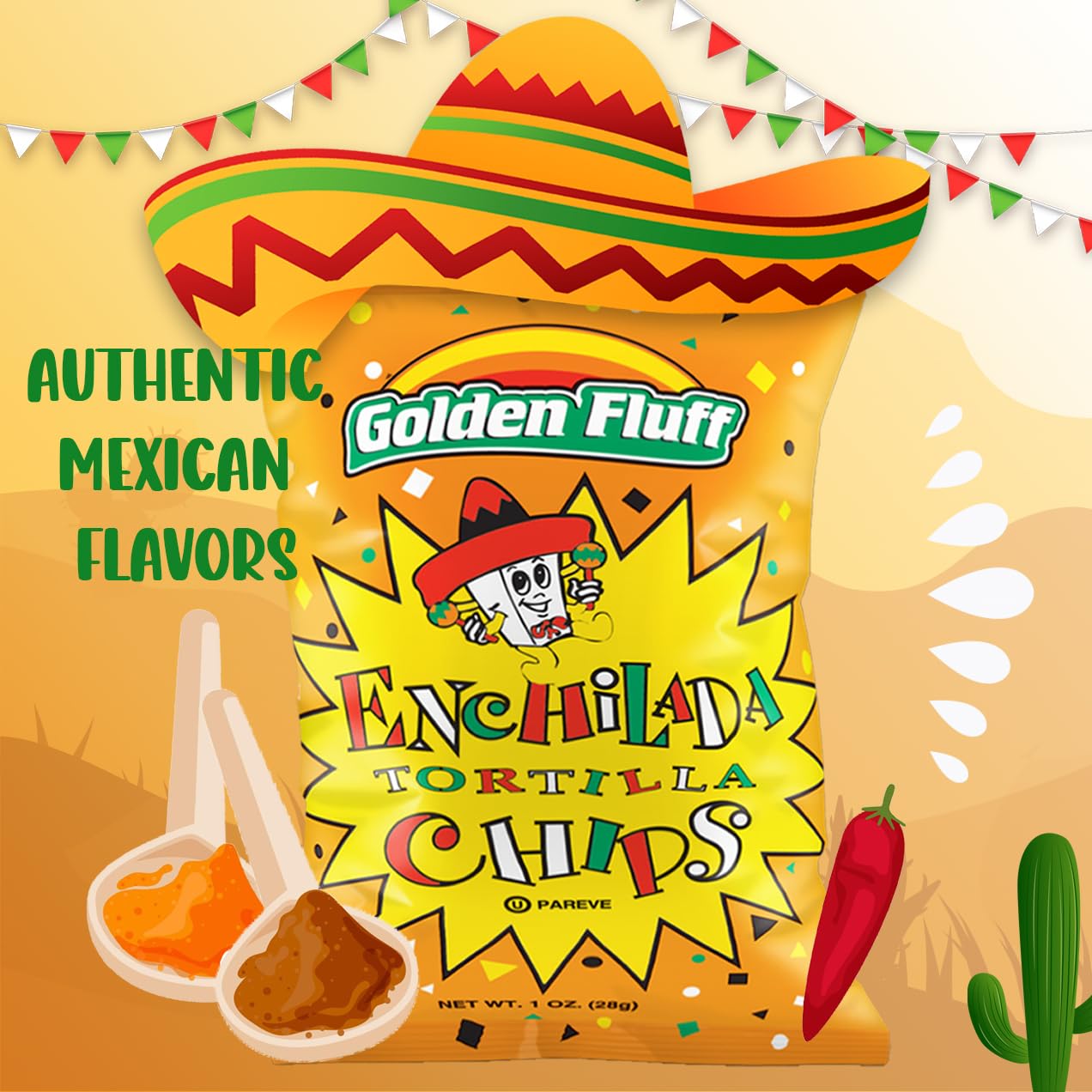 Golden Fluff Spicy Mexican Enchilada Tortilla Chips - 16 Pack (1 oz Each) | Kosher Certified Corn Snacks for Parties, Movie Nights & Lunchboxes | Authentic Mexican Flavored Crunchy Chips