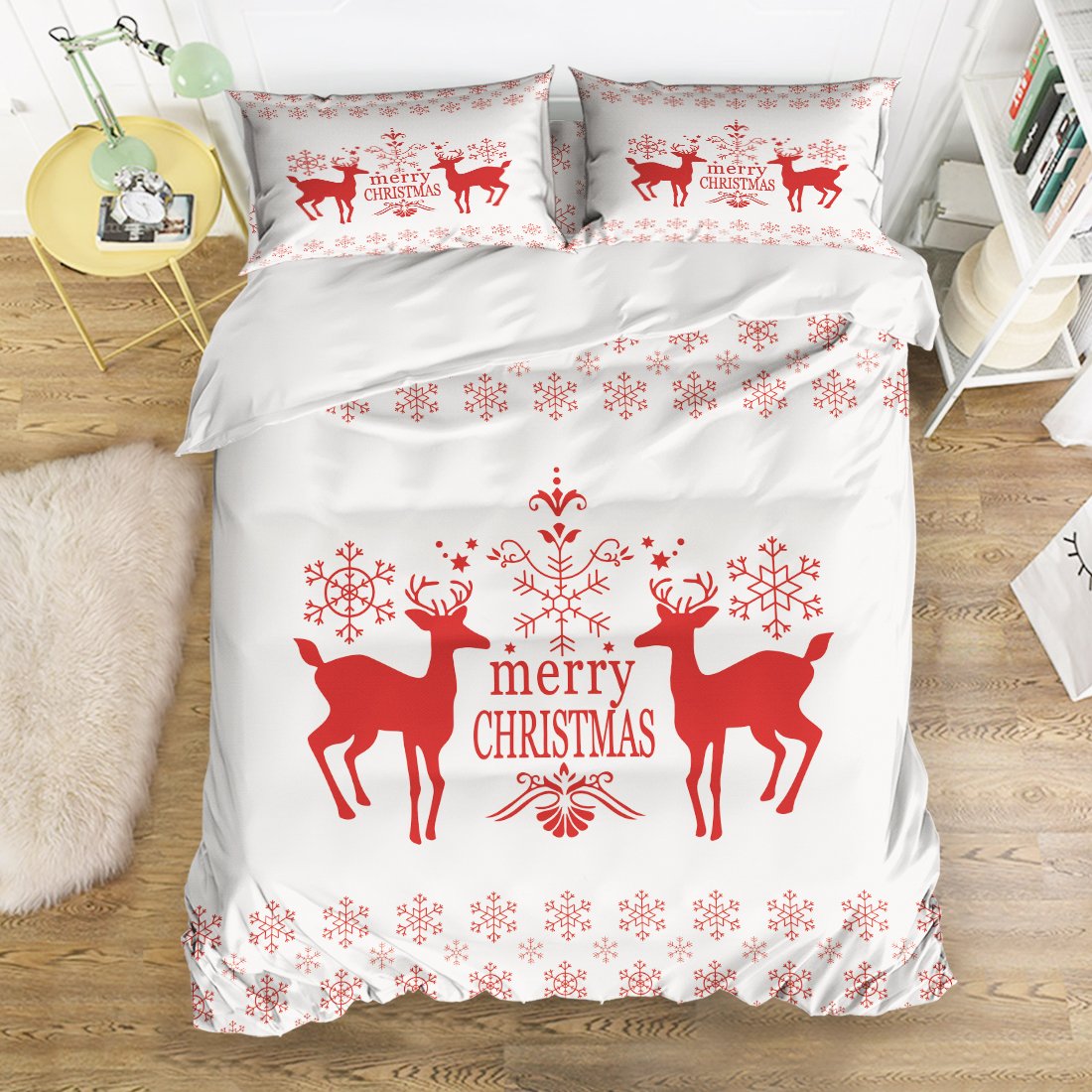 White Deer Snowflake Merry Christmas Duvet Cover Set with Zipper Closure - Twin Size 4-Piece Plush Bedding Set (1 Duvet Cover + 1 Sheet + 2 Pillow Shams) - Cozy Holiday Home Decor for Winter Bedrooms & Christmas Gift