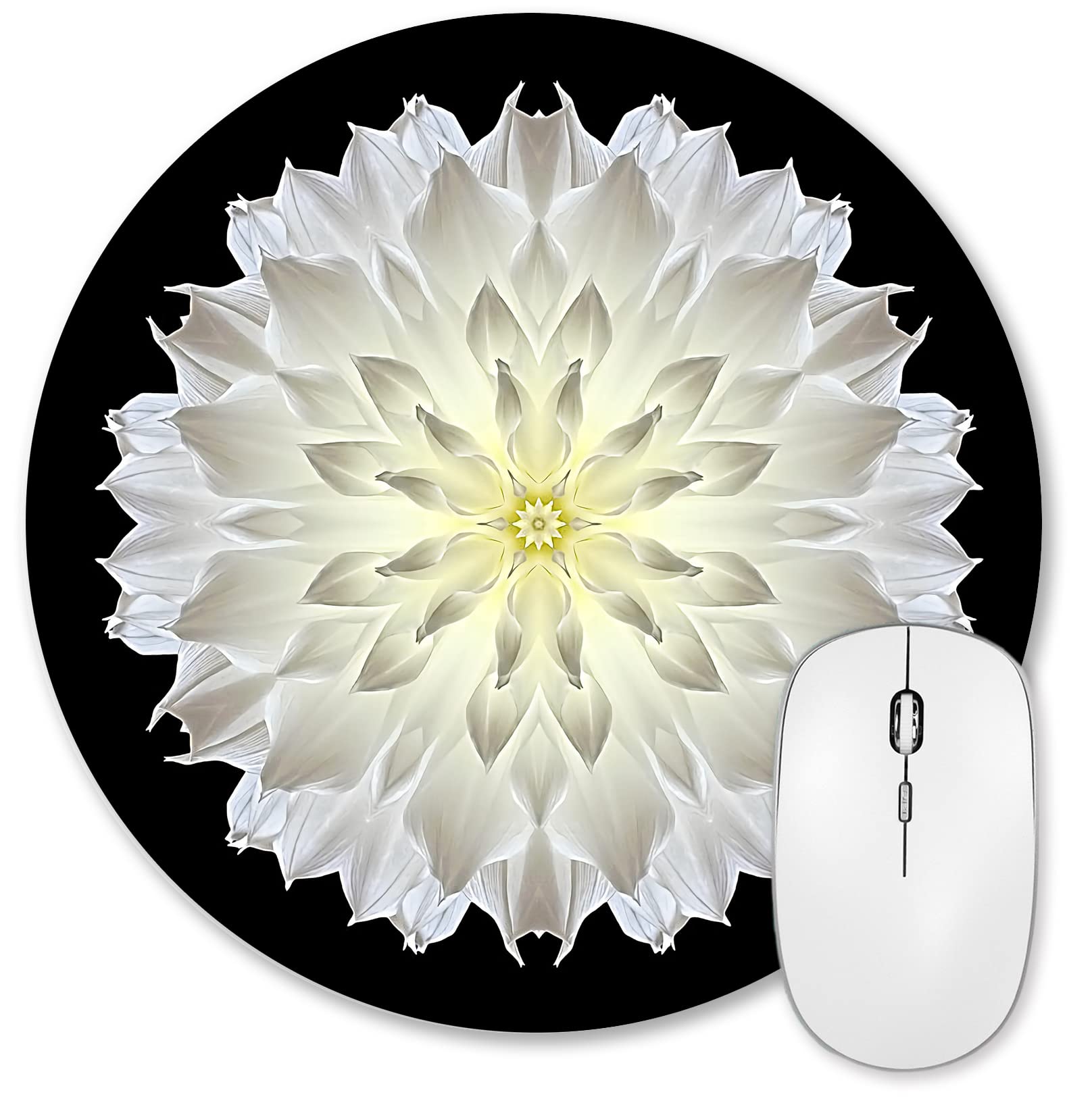 Glow in the Dark Mandala Mouse Pad - White Dahlia Flower Design Non-Slip Rubber Base Gaming Mousepad for Laptop & PC - Perfect for Office, Gaming & Home Workspace Decor