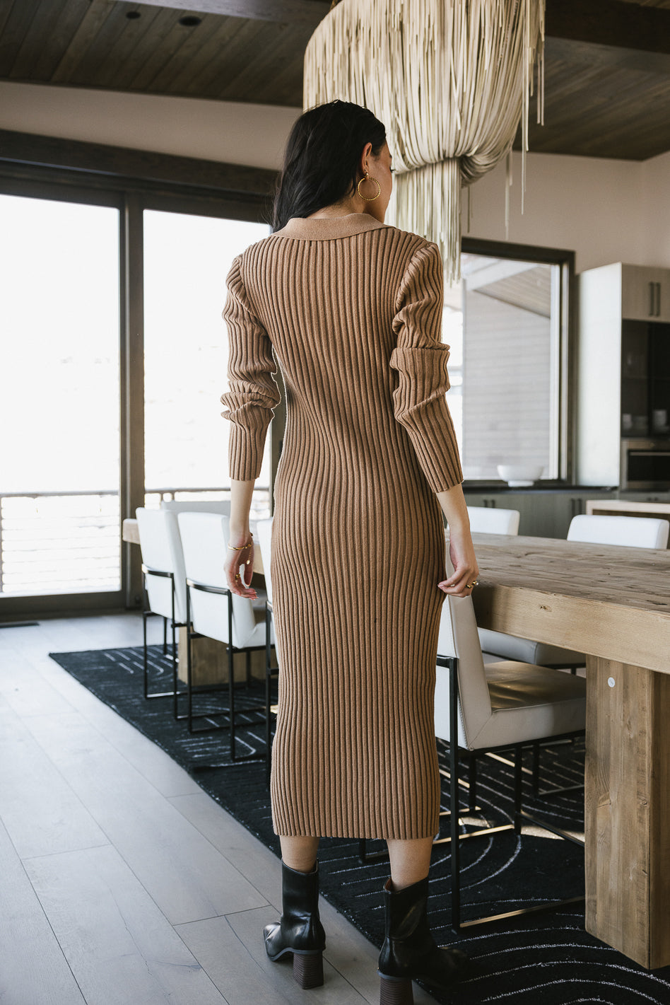 Larissa Ribbed Knit Camel Dress for Women - Elegant Bodycon Midi Dress for Casual Outings, Parties, and Office Wear