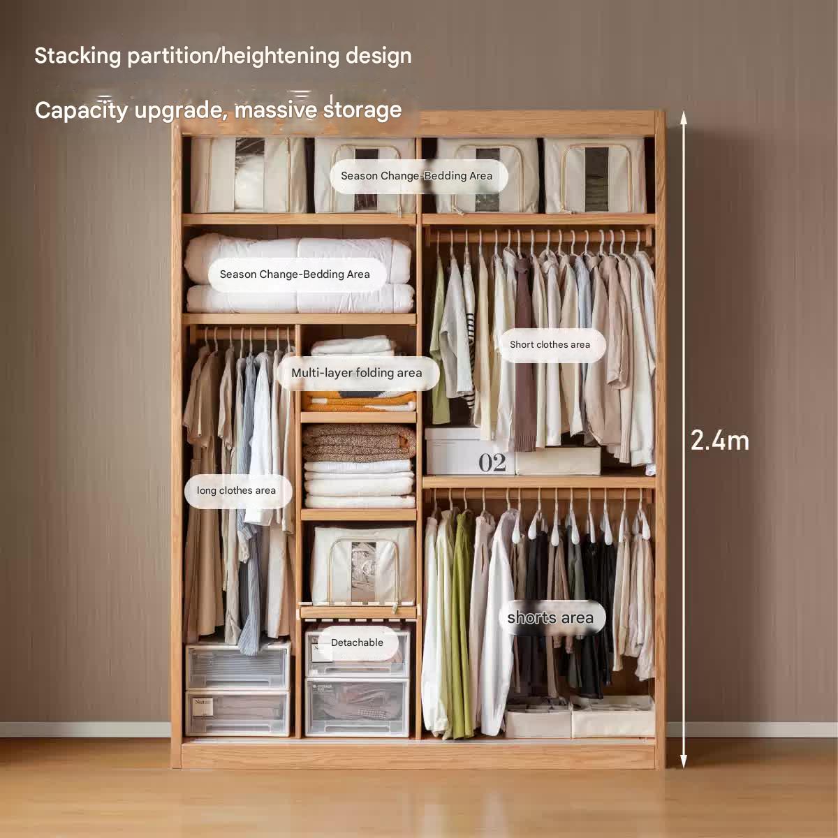 Stylish Oak & Ash Solid Wood Modern Wardrobe - Spacious Closet Organizer for Bedroom, Walk-in Closet & Guest Room Storage