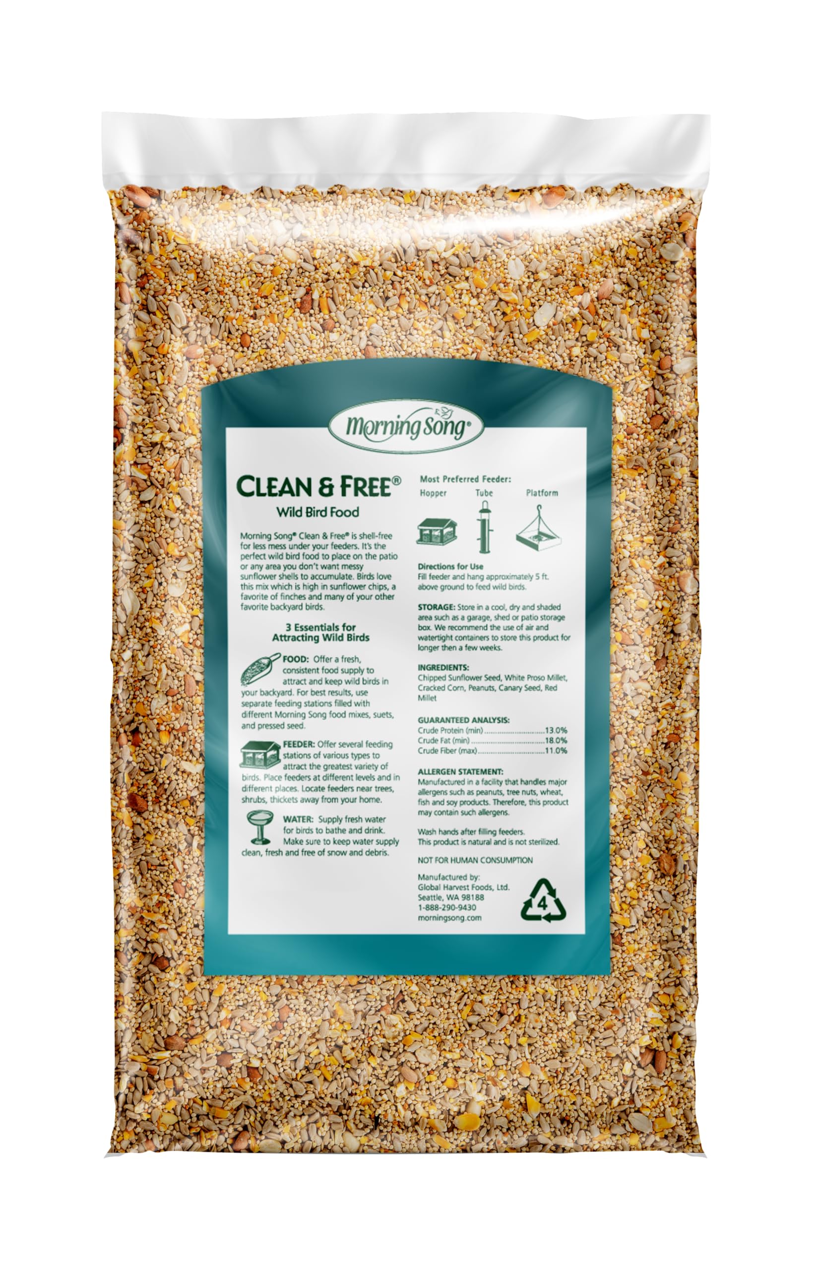 Morning Song Clean & Free Shell-Free Wild Bird Food - Premium No Mess Bird Seed for Outdoor Feeders (10-Pound Bag) - Attracts Cardinals, Finches & Songbirds to Your Backyard Garden