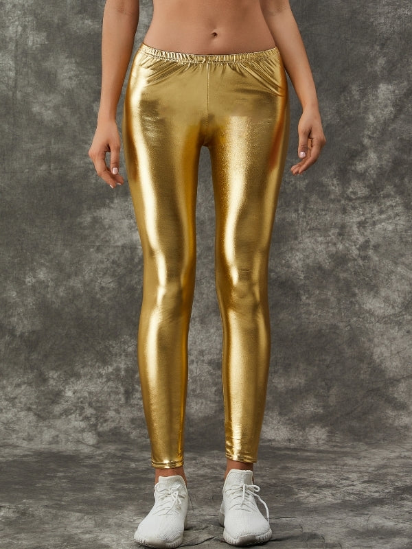 ZASUWA Women's Sexy Metallic Laser Gold & Silver Leggings - High Waist Shiny Workout Yoga Pants for Gym, Dance, and Night Out