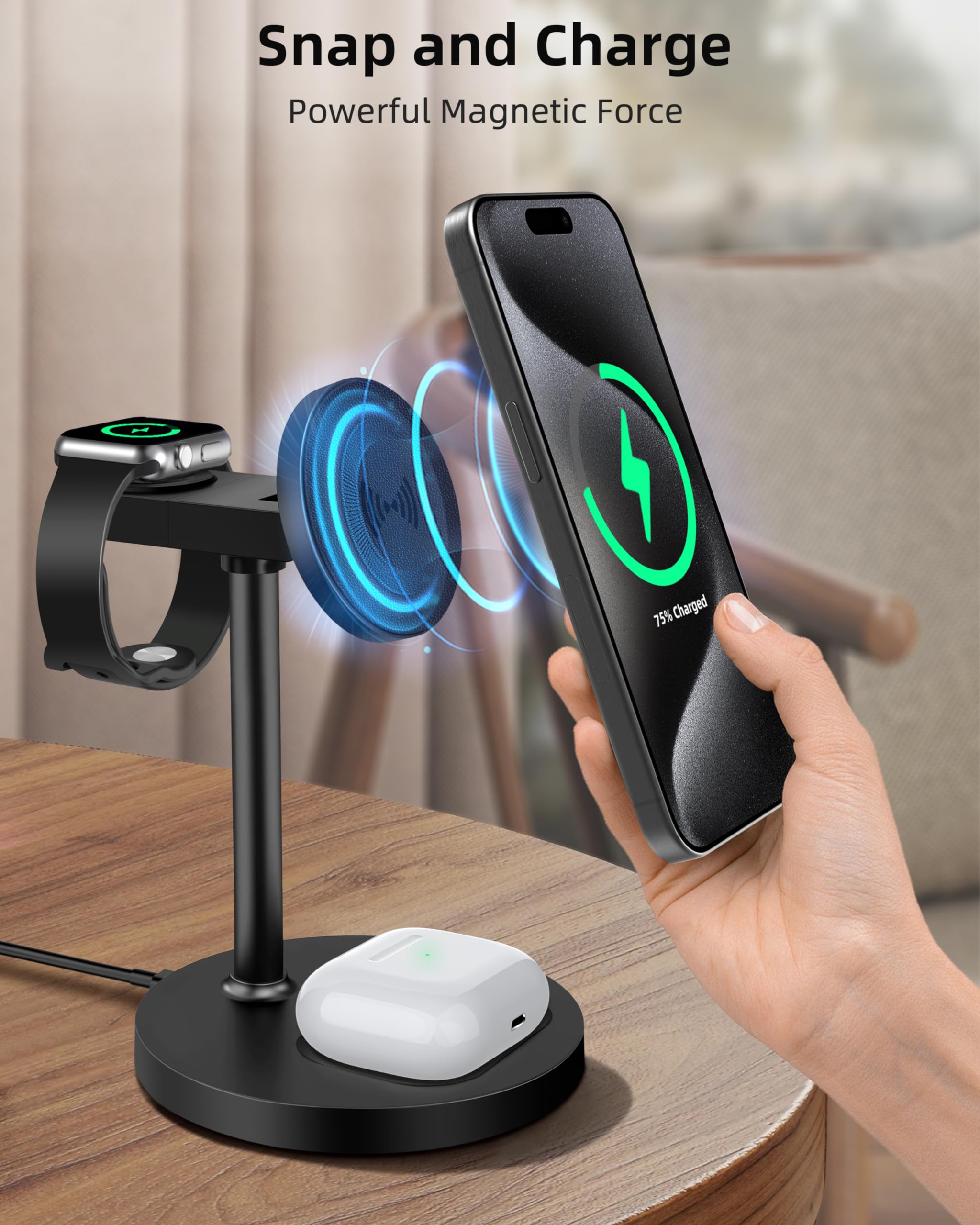 3-in-1 Magnetic Wireless Charger Stand for iPhone 16/15/14/13/12 Series | Fast Charging Station for Apple Watch & AirPods | Aluminum Alloy Base with Leather Pad (Black) - Perfect for Home, Office & Nightstand Charging
