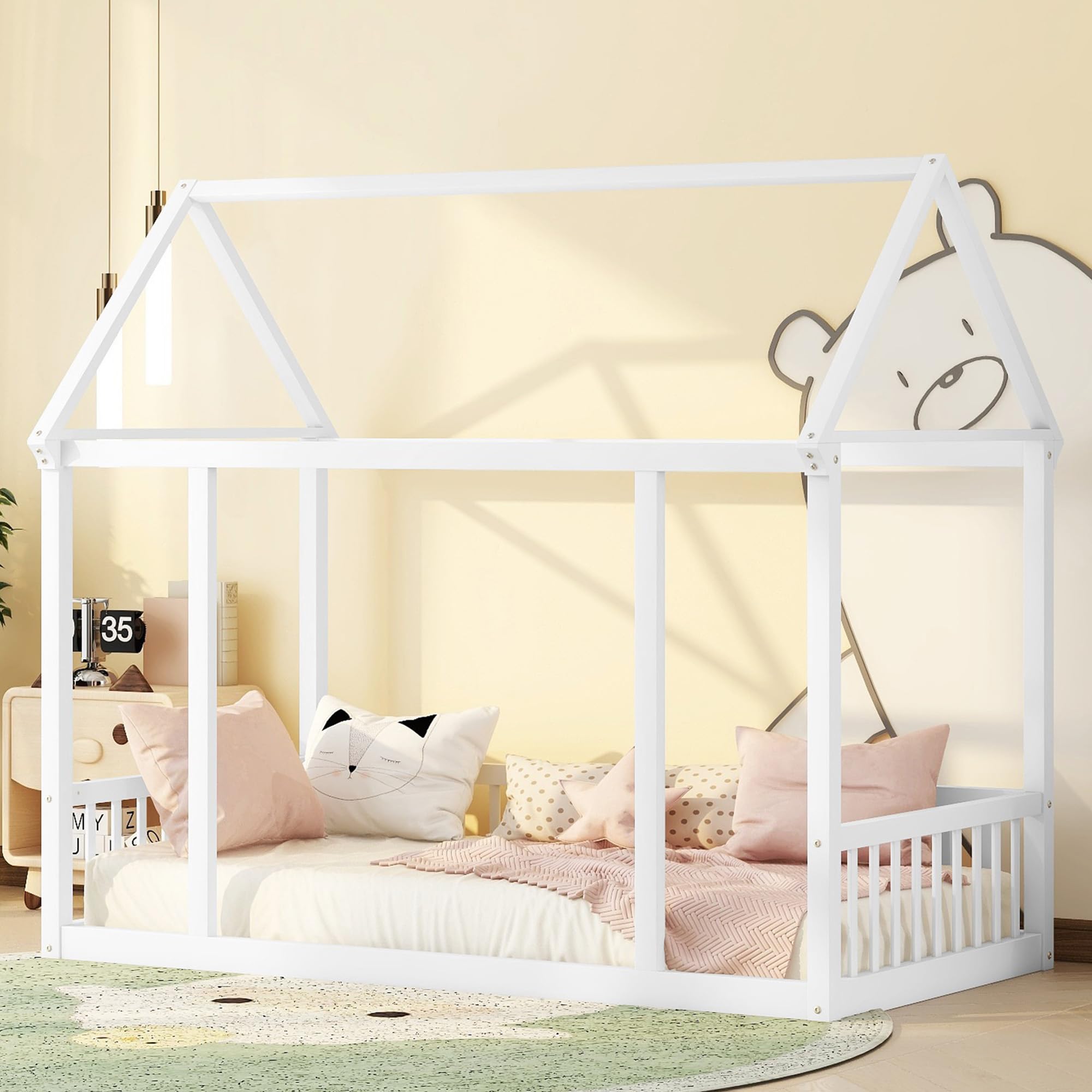 Bellemave Twin Size Wooden House Floor Bed for Kids - Montessori Bed Frame with Safety Fence, Playhouse Design for Boys & Girls - Perfect for Bedrooms, Playrooms & Montessori Learning Spaces (White)
