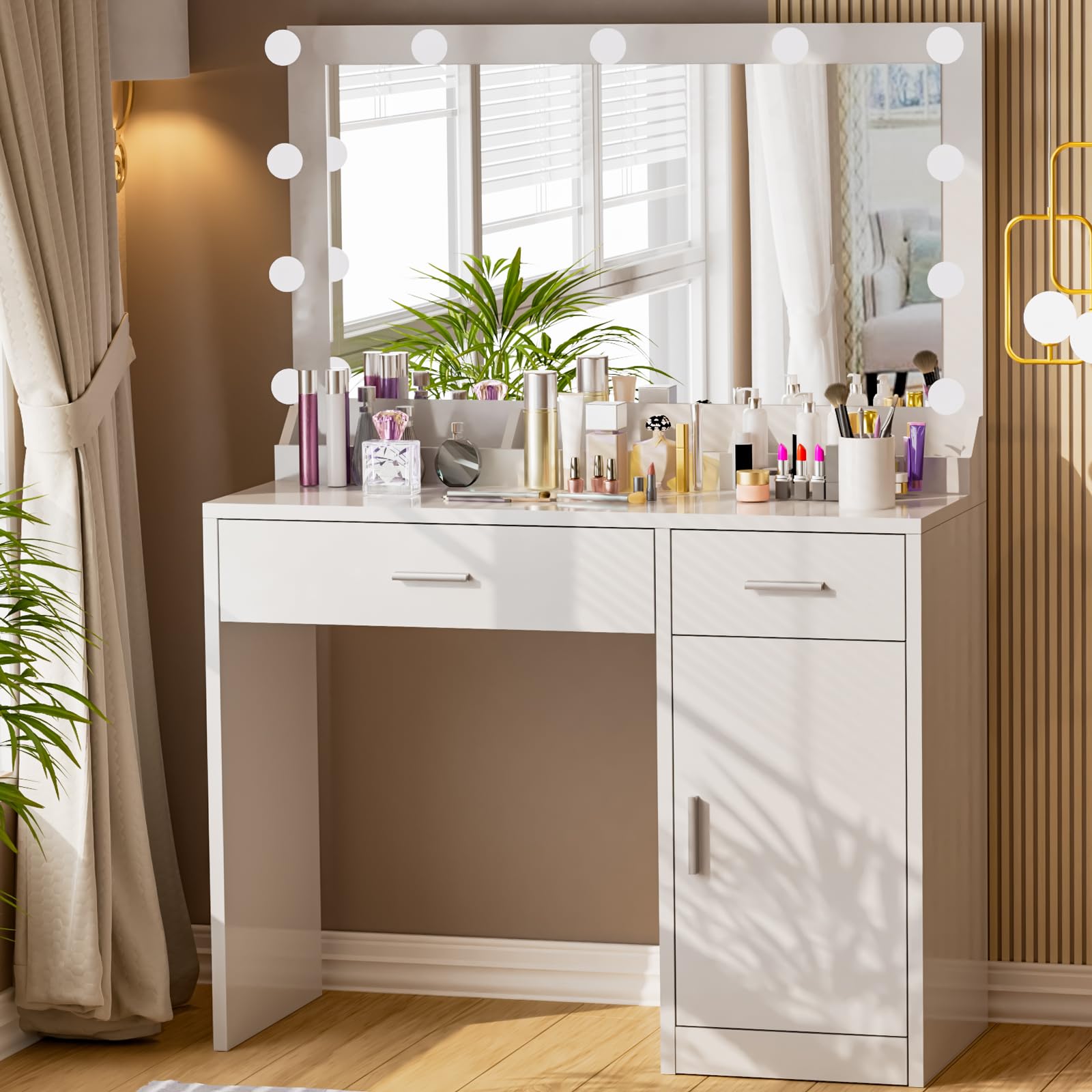 Modern White Vanity Desk with LED Lights & Mirror - Makeup Dressing Table with Charging Station, 2 Drawers & Storage Cabinet for Women & Girls - Perfect for Bedroom, Dorm Room or Home Beauty Salon