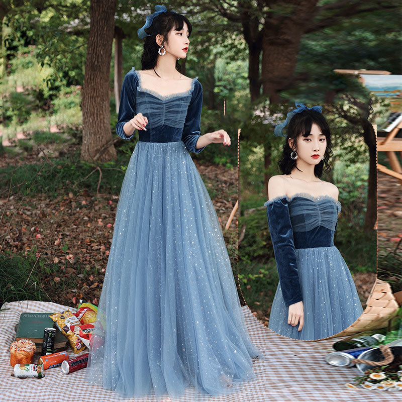 Elegant Blue Tulle Velvet Bridesmaid Dress - Long Formal Evening Gown for Weddings, Prom & Special Occasions | Plus Size 525