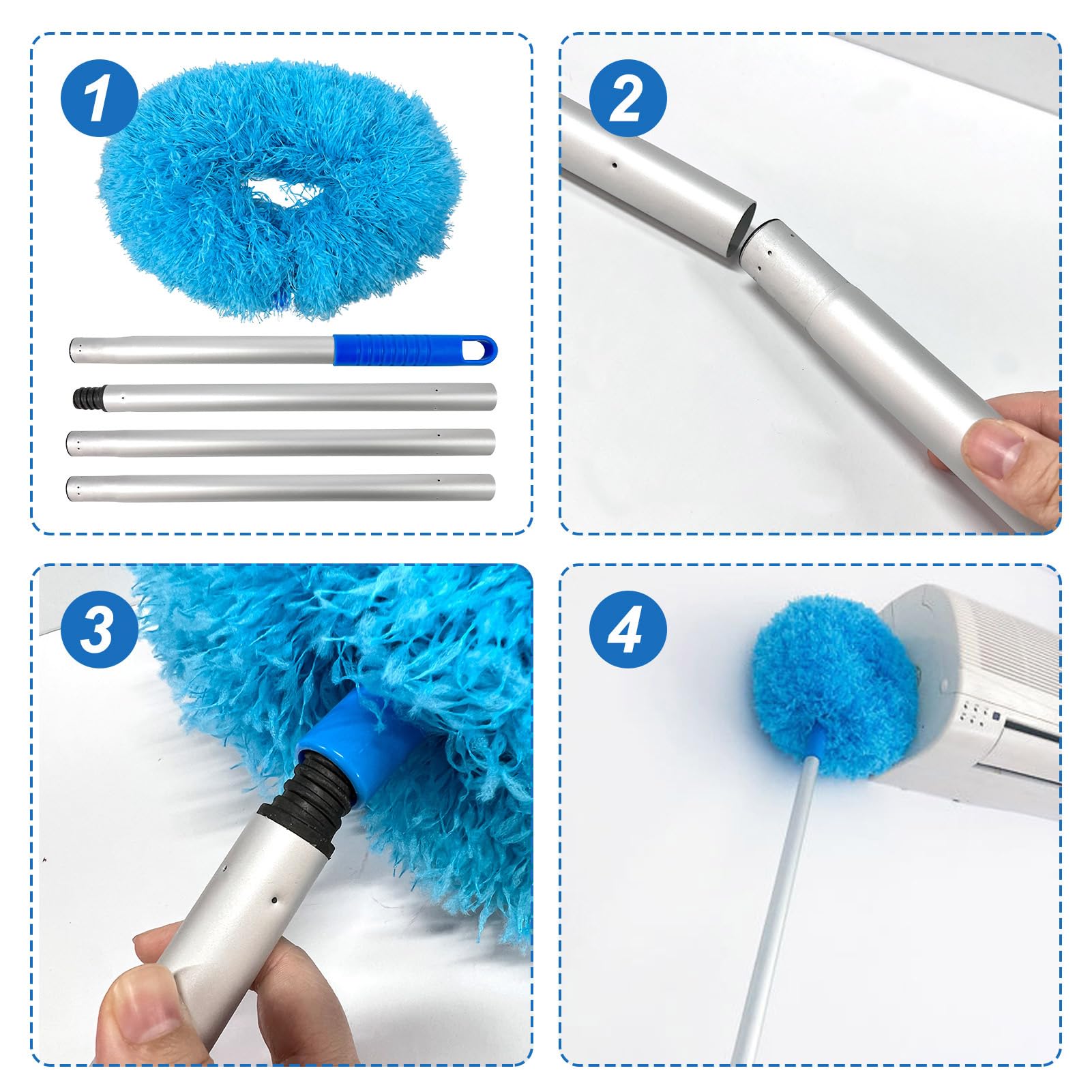 Microfiber Ceiling Fan Duster with Adjustable Extension Handle (13-57.1 in) - Washable & Removable Fuzzy Fan Cleaner for Walls, Doors, Bookshelves & Windows | Perfect for Home, Office & Hard-to-Reach Areas Cleaning - Blue