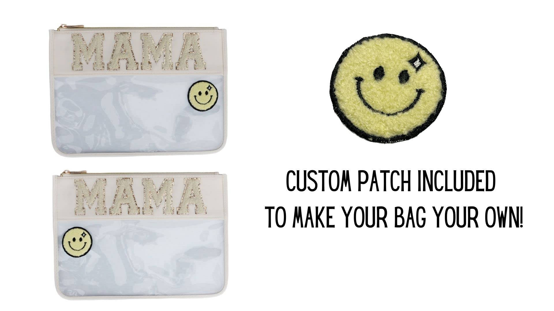 Chenille Letter Clear Flat Zipper Pouch for Travel | Preppy Makeup Bag for Girls | Nylon Cosmetic Organizer | Aesthetic Toiletry Bag (MAMA) - Perfect for School, Gym & Vacation Essentials