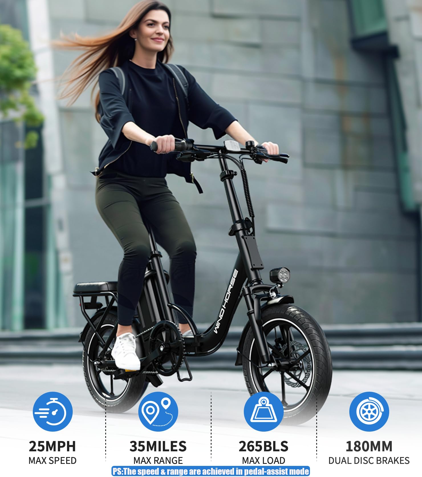 **WINDHORSE Electric Bike for Adults - 630W Peak Motor Folding E-Bike, 35 Miles Range, 25MPH, Dual Disc Brakes, Suspension & Removable Battery - Perfect for Commuting, City Riding & Outdoor Adventures**