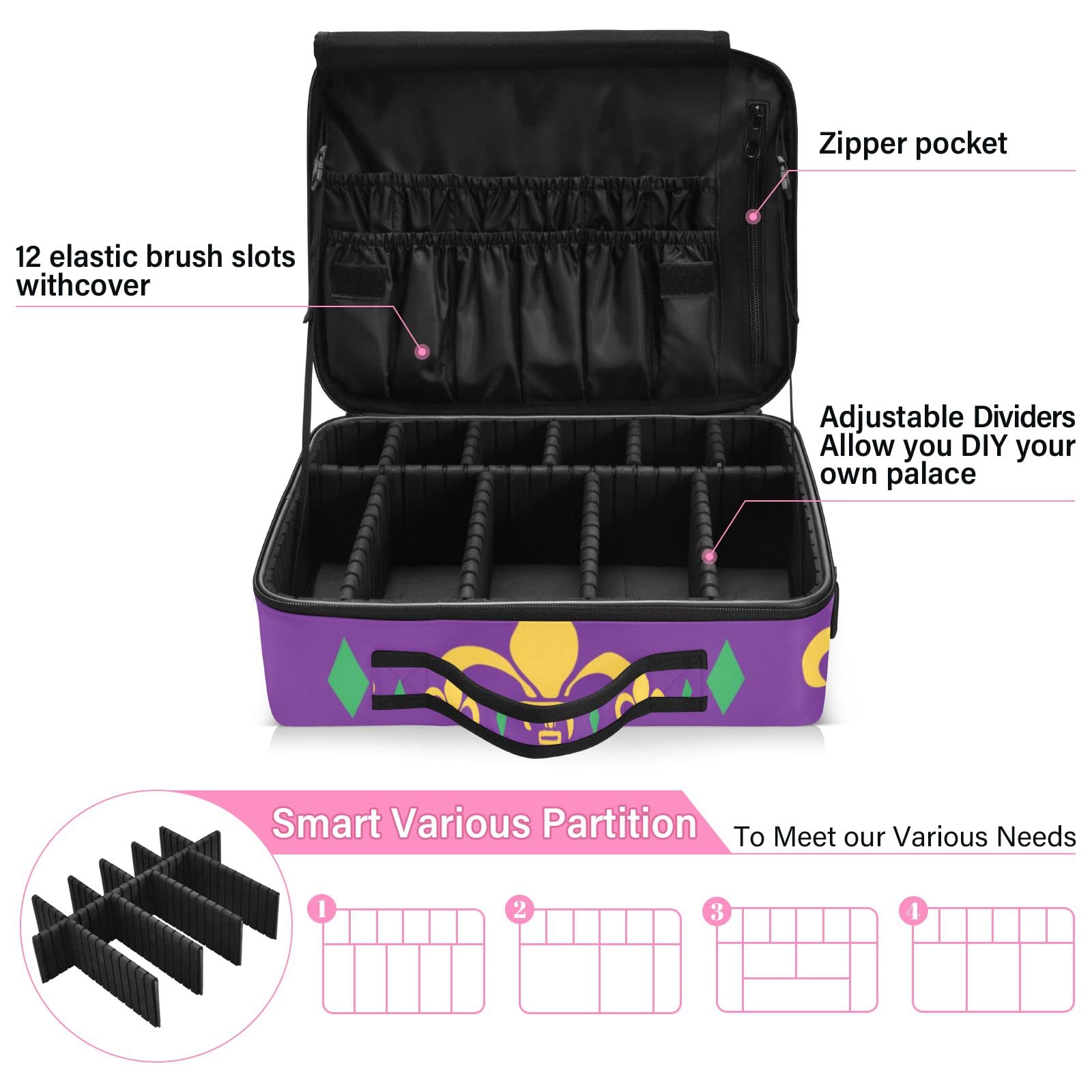Premium Scottish Highland Cow Makeup Cosmetic Organizer Bag with Adjustable Dividers - Large Toiletry Case for Travel & Storage (Mardi Gras Purple Pattern) - Perfect for Travel, Home Organization & Gift Giving