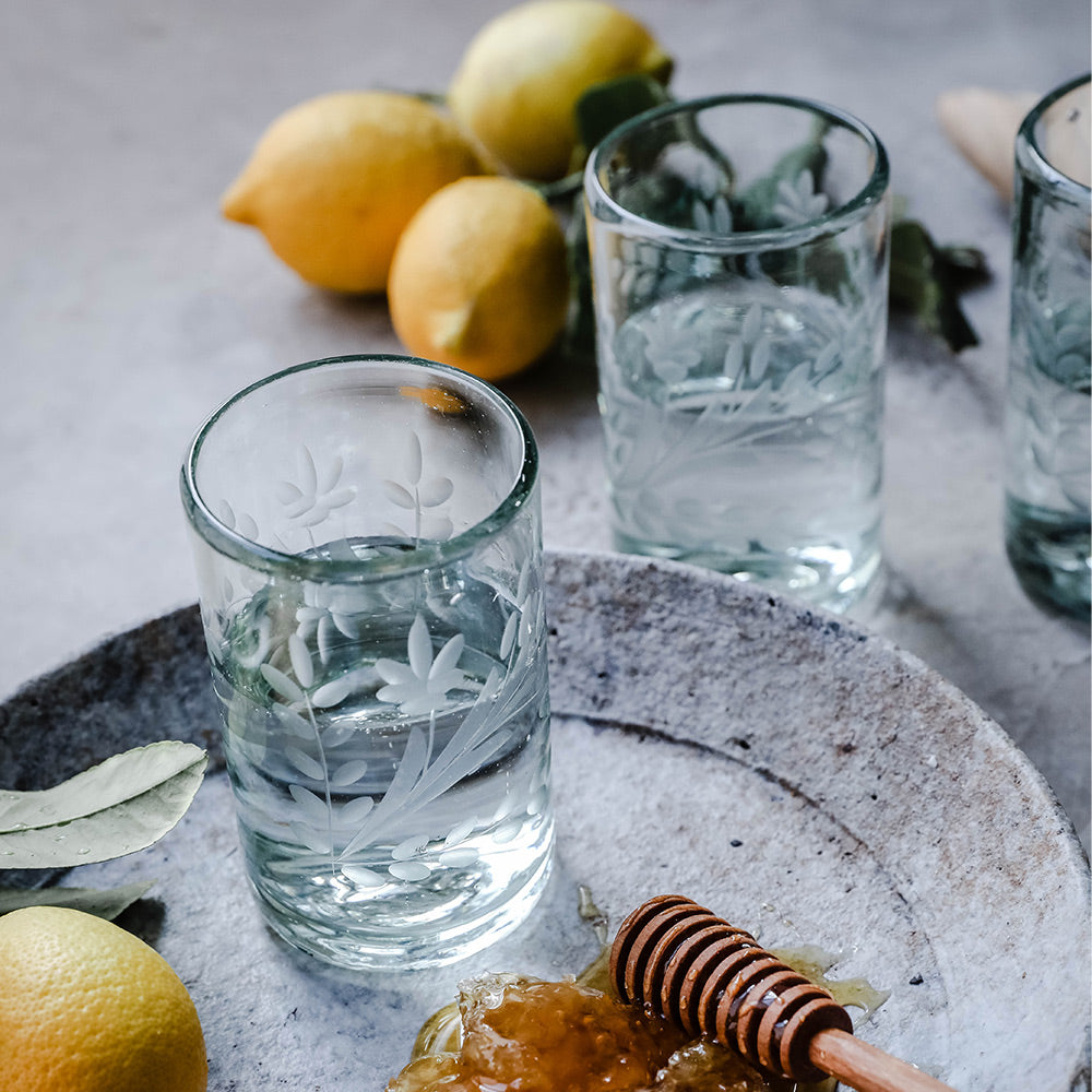 Hand Etched Floral Recycled Glassware Set - Eco-Friendly Drinking Glasses for Wine, Juice & Cocktails - Perfect for Parties, Weddings & Home Decor