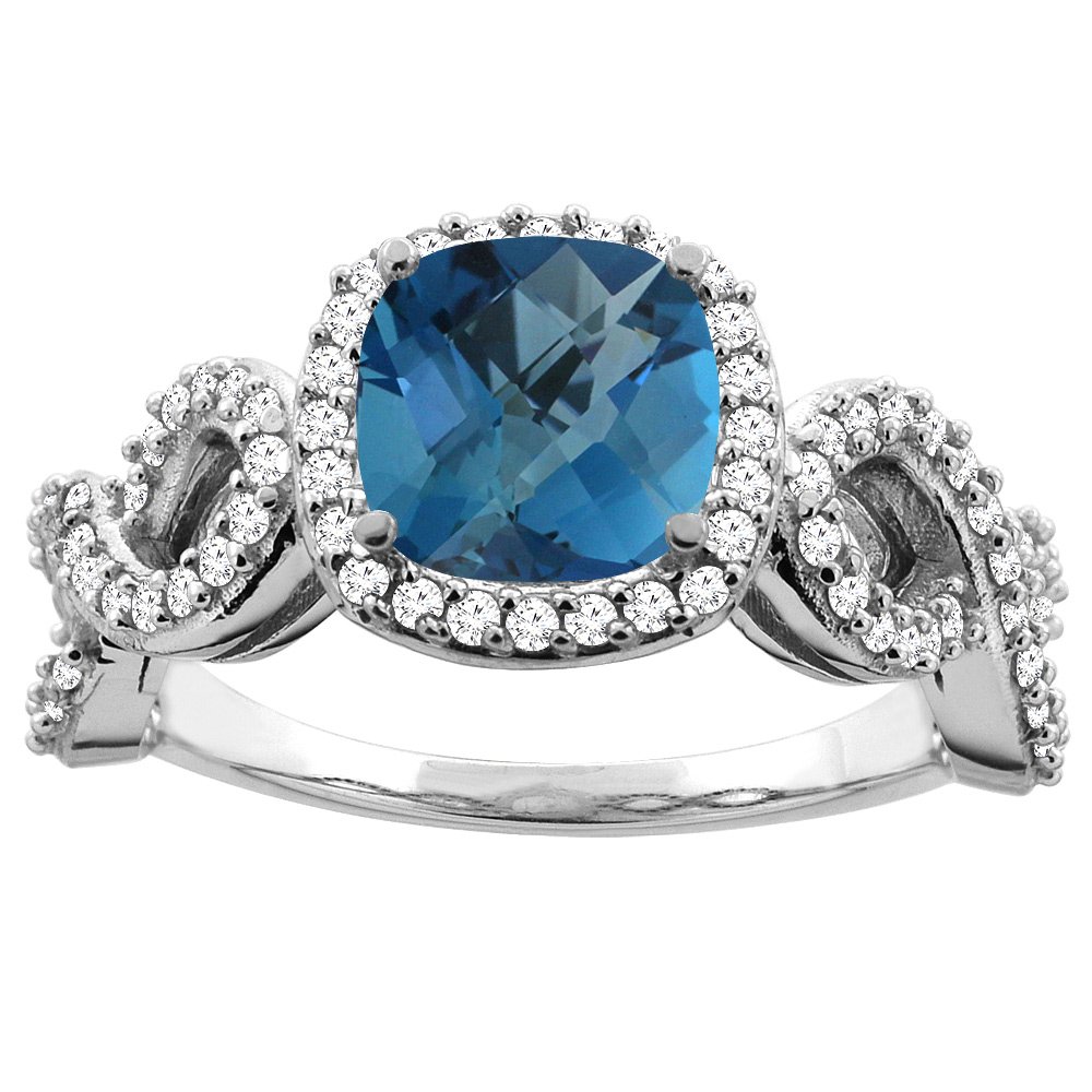10K White Gold 7mm Cushion Cut London Blue Topaz Engagement Ring for Women - Eternity Band with Diamond Accents (Sizes 5-10) | Perfect for Proposals, Anniversaries & Special Occasions