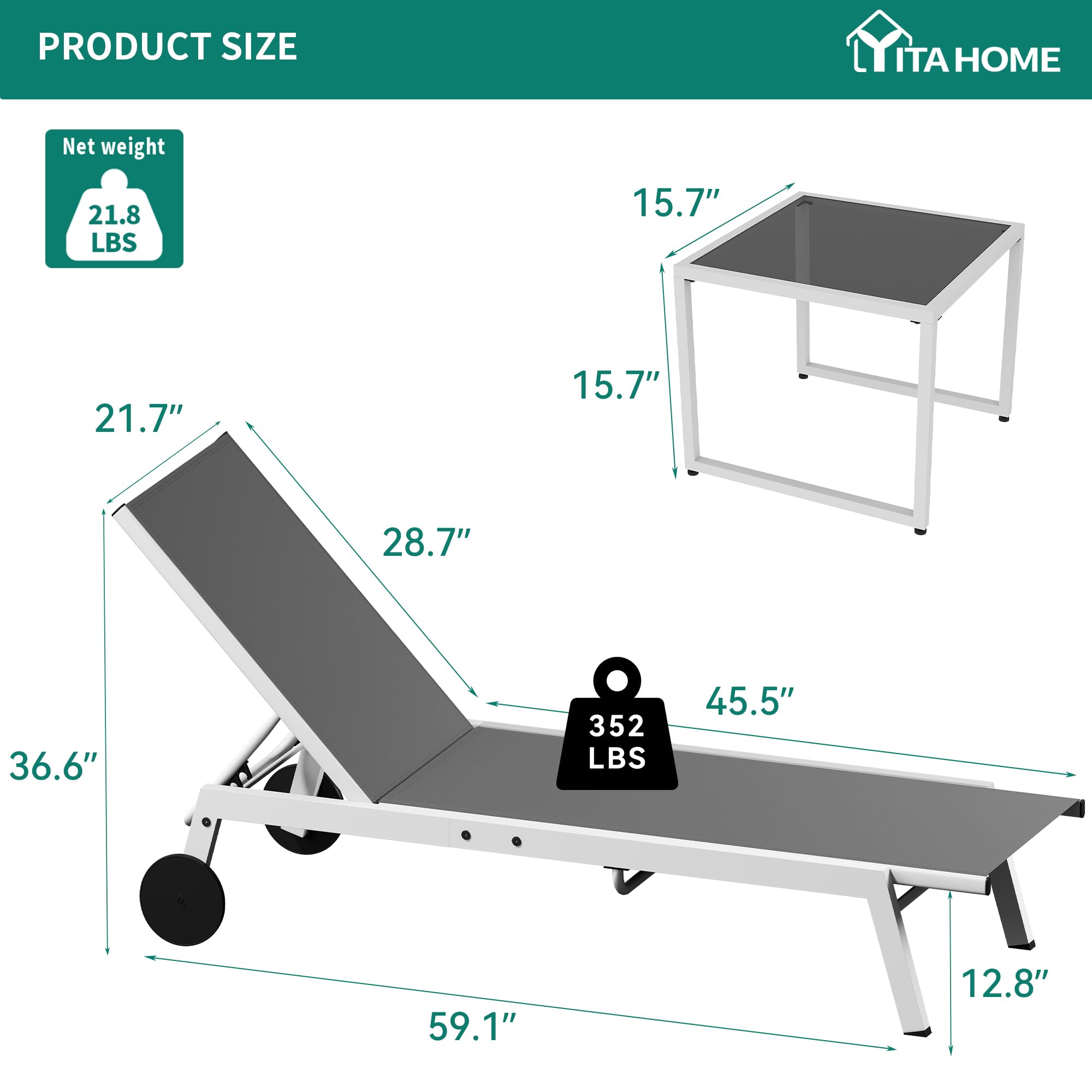 YITAHOME 3-Piece Patio Chaise Lounge Set with Adjustable Backrest & Wheels - Light Grey Outdoor Lounge Chairs with Side Table for Pool, Beach, Patio, Lawn & Porch Relaxation