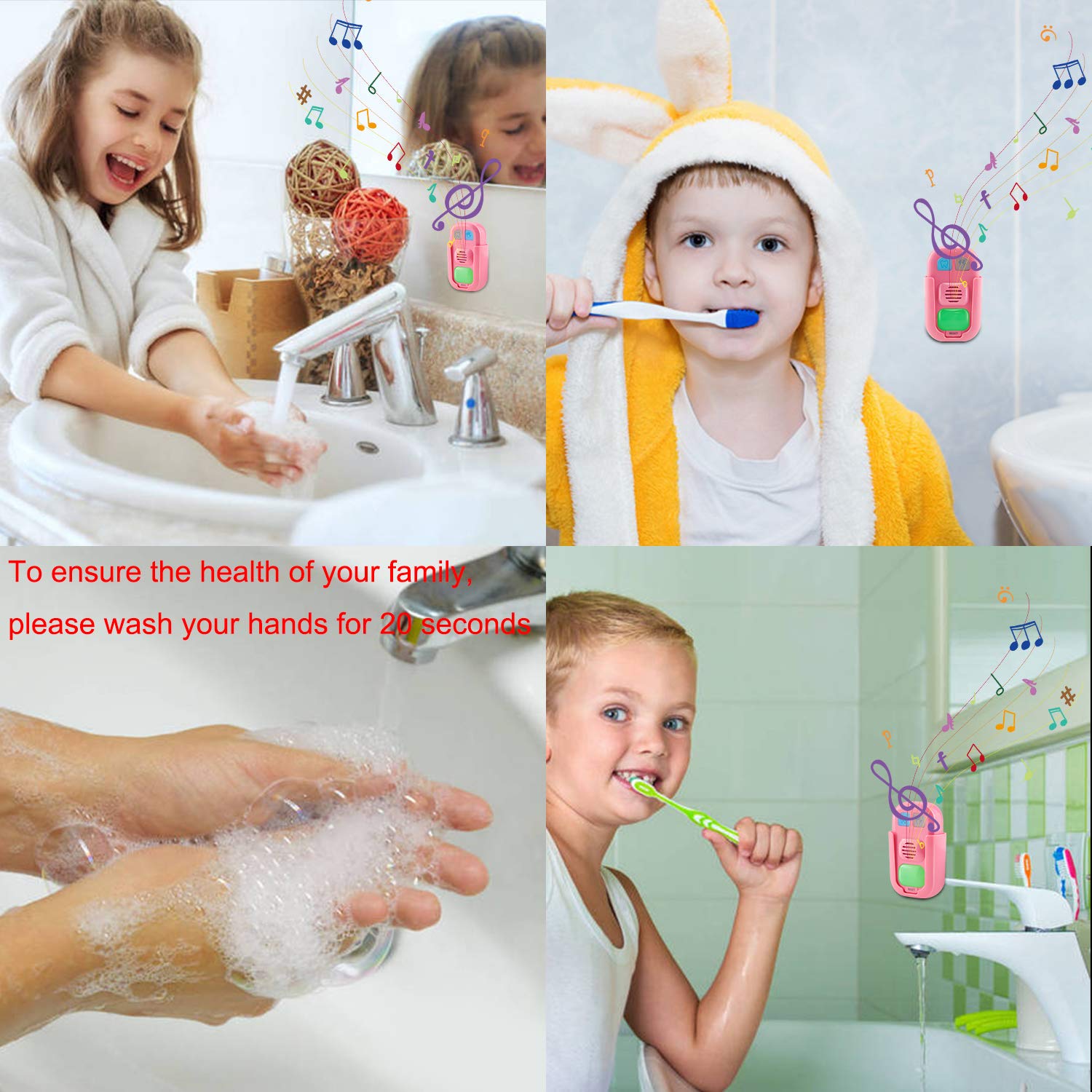 BIGMONAT Kids Hand Washing & Teeth Brushing Timer - Musical Bathroom Training Coach with 12 Songs, Adjustable Volume, Stick-On Design (Pink) - Perfect for Toddler Hygiene Routines & Bathroom Learning