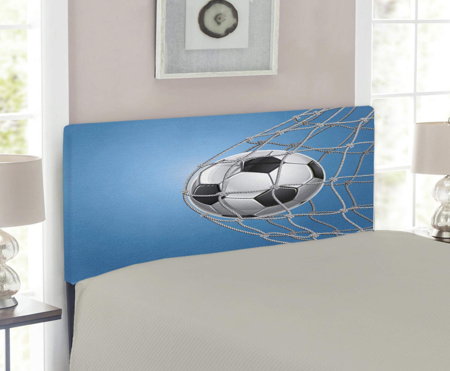 Ambesonne Soccer Headboard - Football Goal Net Design Upholstered Twin Size Bed Headboard with Memory Foam in Blue Pale Grey Black | Perfect for Sports Fans, Kids Rooms & Game Room Decor