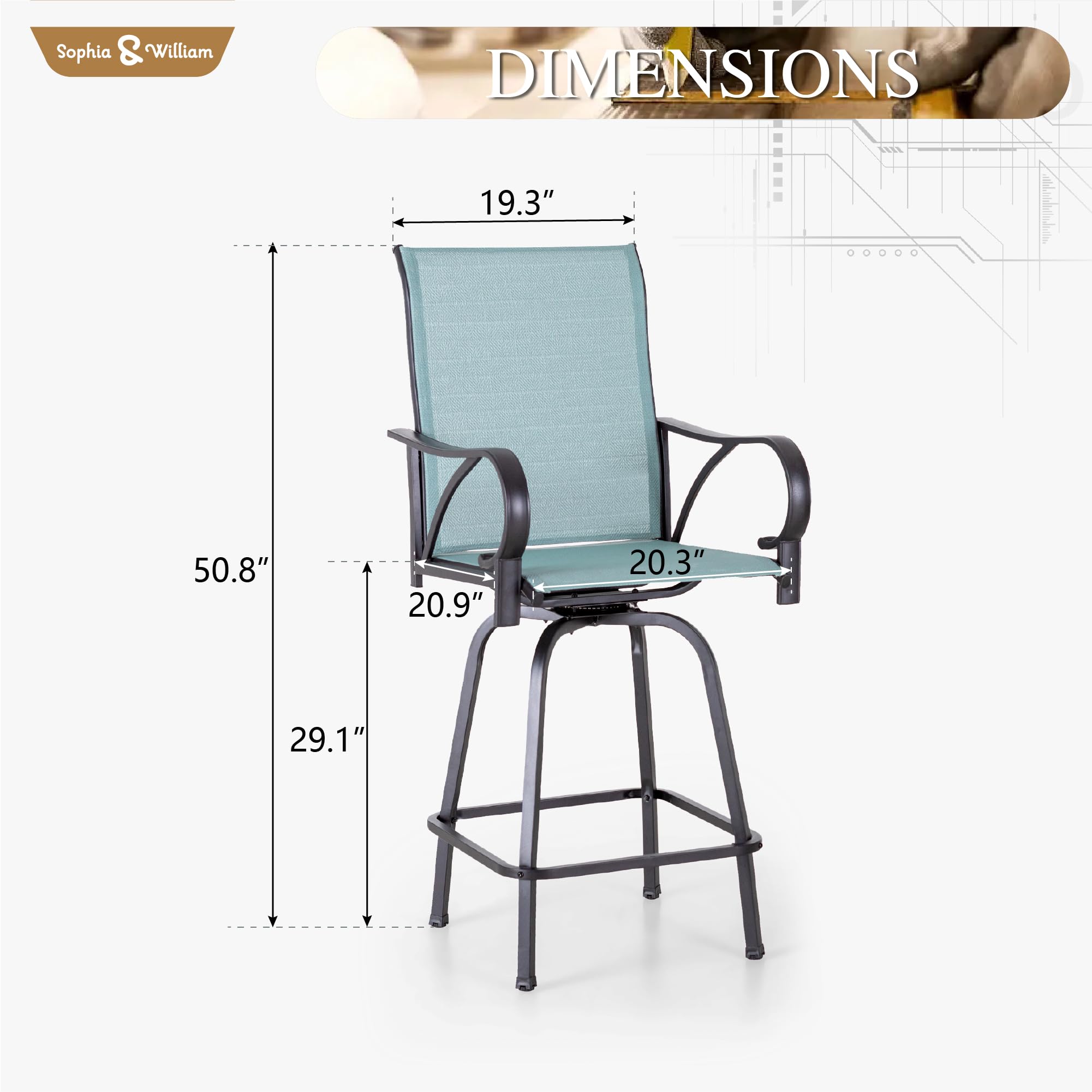 Sophia & William Outdoor Bar Stools Set of 2 - Swivel Bar Chairs with 300 lbs Weight Capacity, Tall Patio Chairs for Deck, Poolside or Backyard, Baby-Blue Fabric High Top Chairs - Perfect for Outdoor Dining, Entertaining or Relaxing