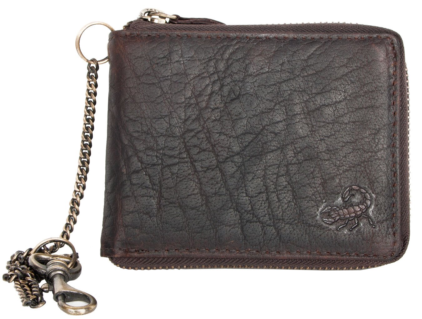 Genuine Leather Zipper Wallet with Chain - Dark Brown for Men's Daily Use