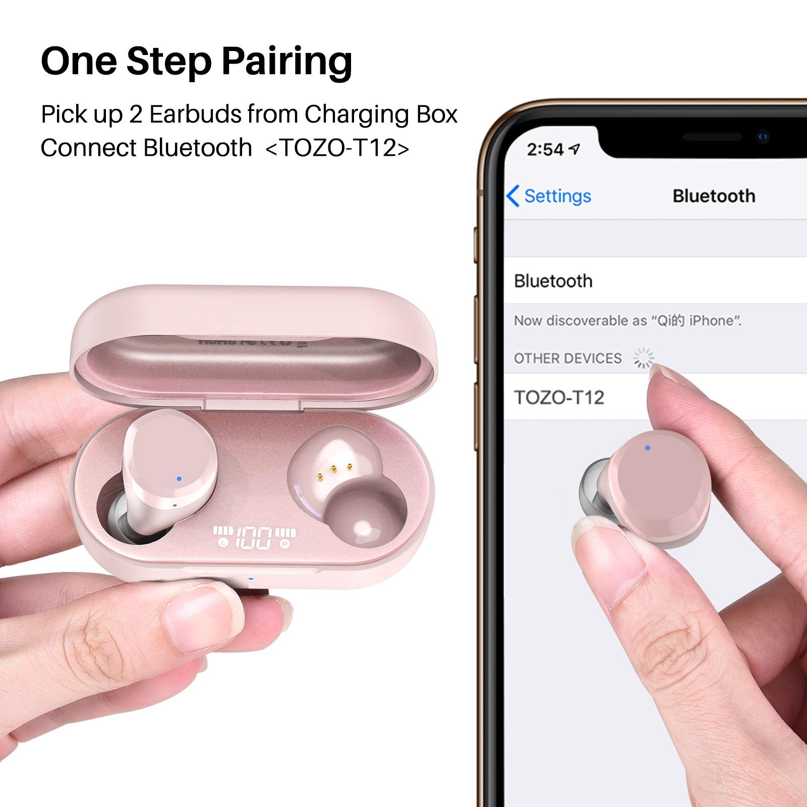 TOZO T12 Wireless Earbuds Bluetooth 5.3 Headphones with Premium Sound, Wireless Charging Case, IPX8 Waterproof, Built-in Mic - Rose Gold (Renewed) for Gym, Running, Travel & Work Calls