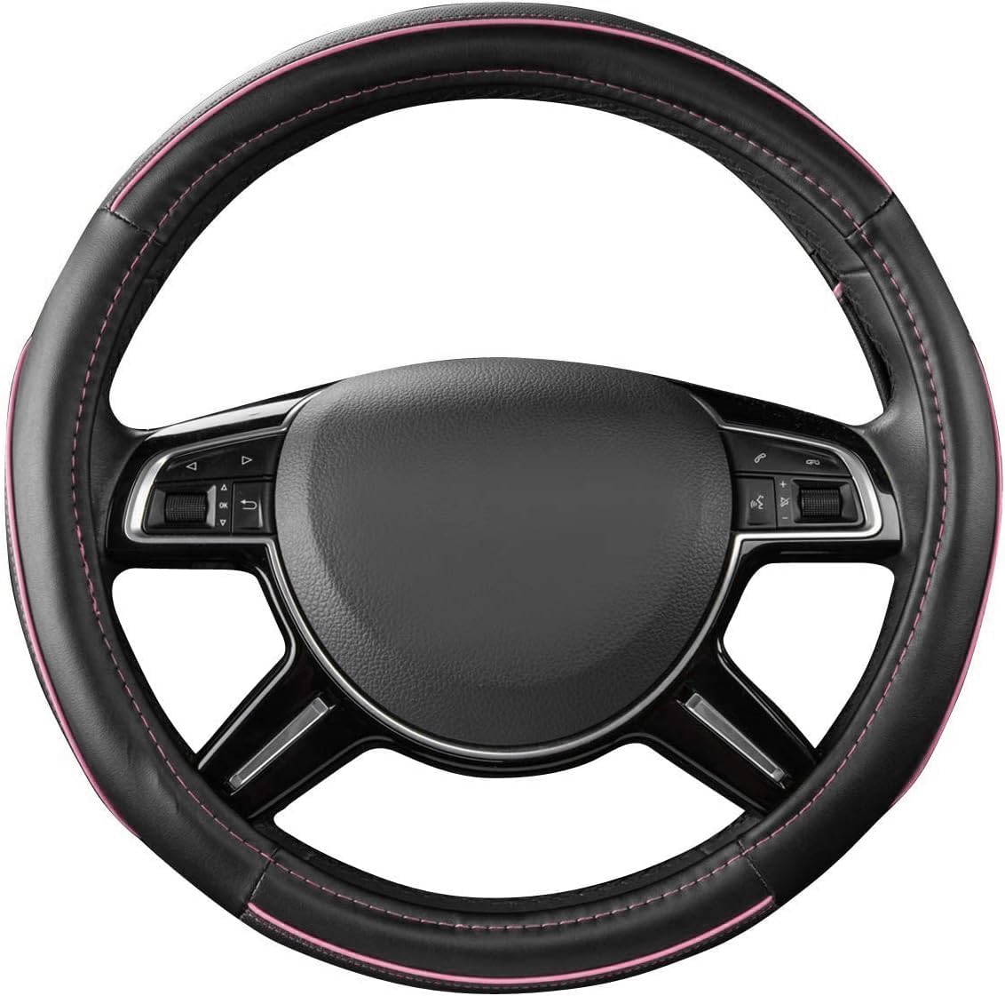 Premium Universal Leather Steering Wheel Cover with Color Piping - Fits 14.5-15 Inch Wheels for SUVs, Vans, Trucks & Sedans (Black & Pink) - Enhance Grip & Comfort for Daily Commutes & Road Trips