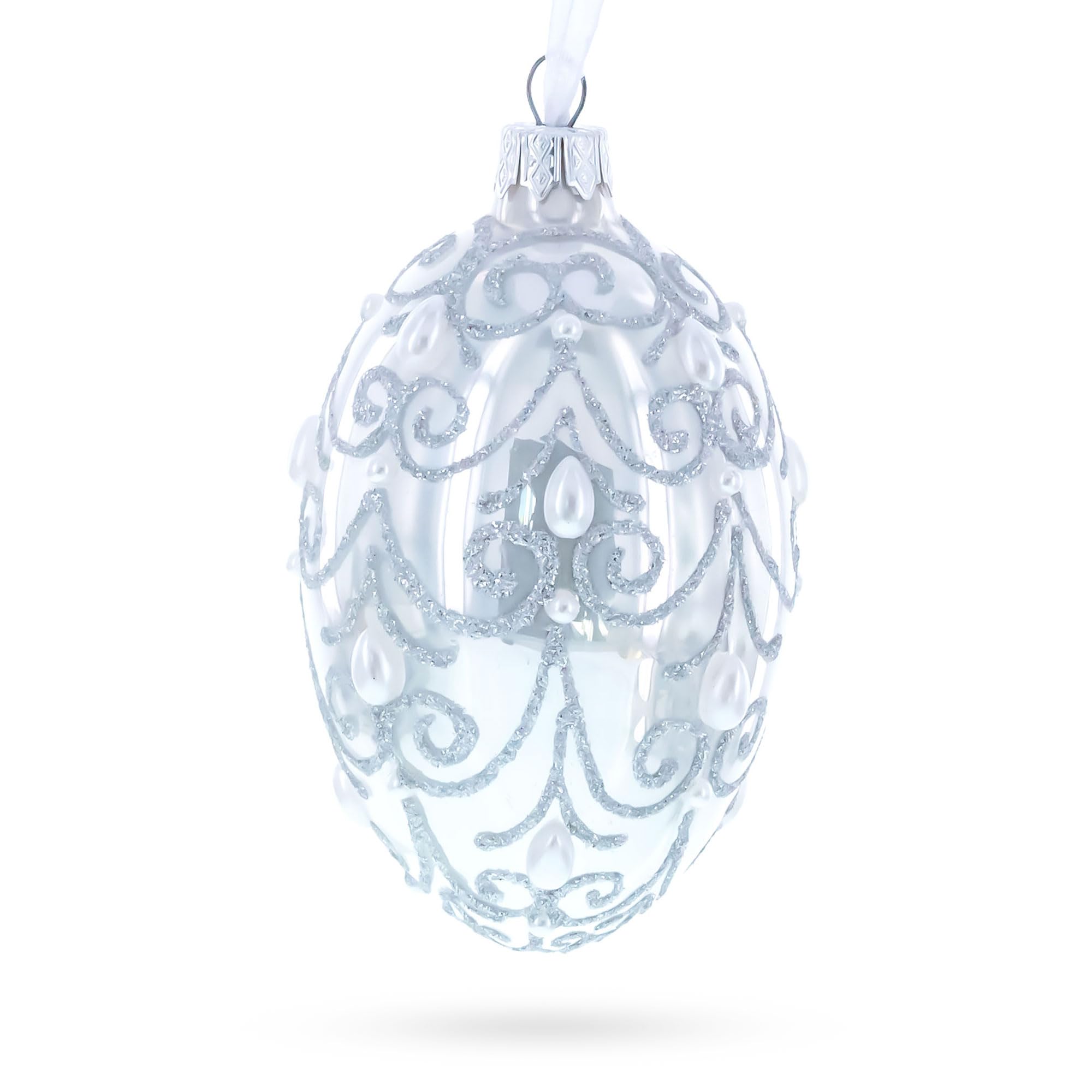 4 Inch Glossy White Glass Jeweled Beads Egg Ornament - Perfect for Christmas Tree Decor, Easter Decorations & Home Holiday Centerpiece