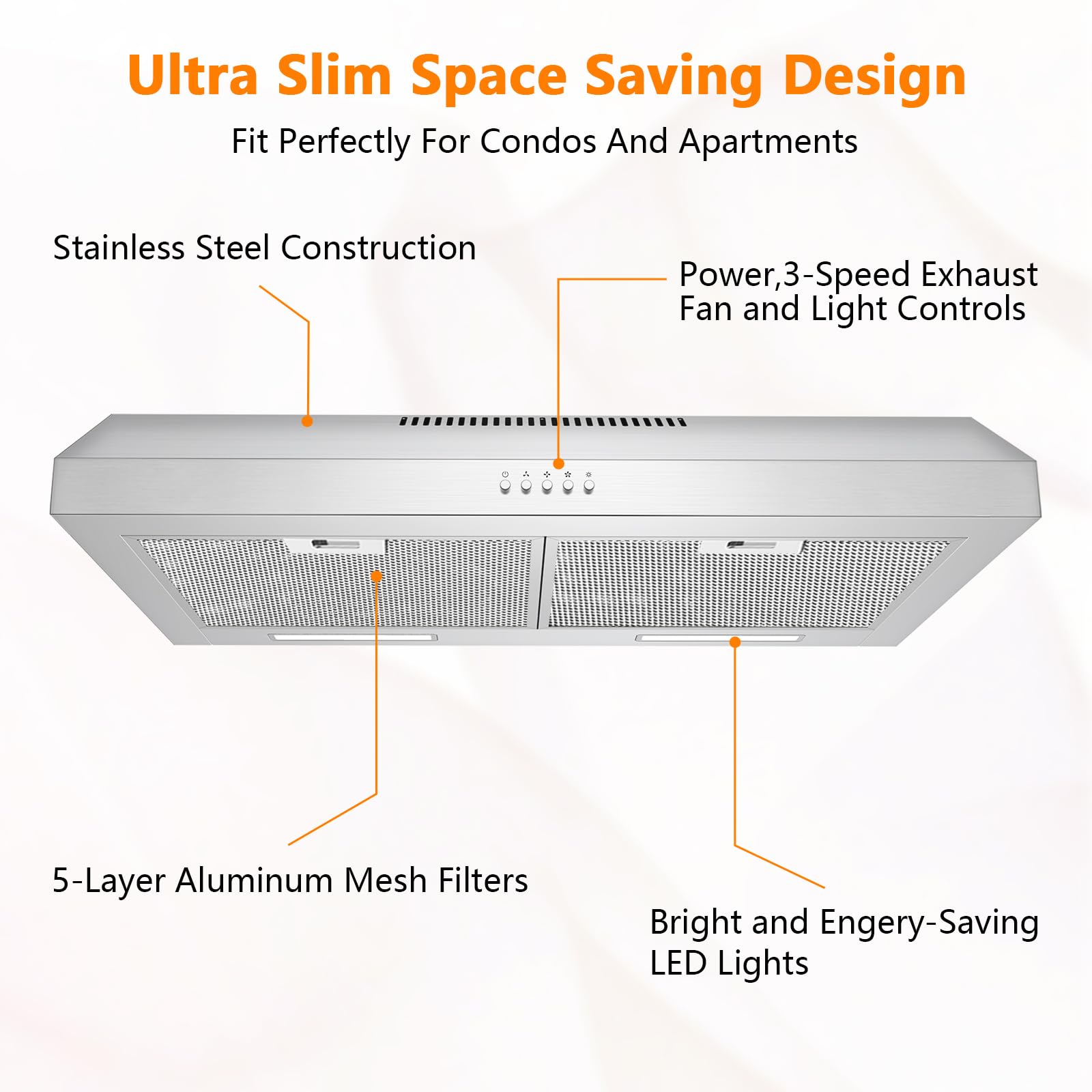 30 Inch 600 CFM Under Cabinet Range Hood - Stainless Steel Kitchen Vent Hood with 3 Speed Exhaust Fan & LED Lights | Strong Suction for Duct/Ductless Convertible | Perfect for Small Kitchens, Apartments & Remodeling Projects