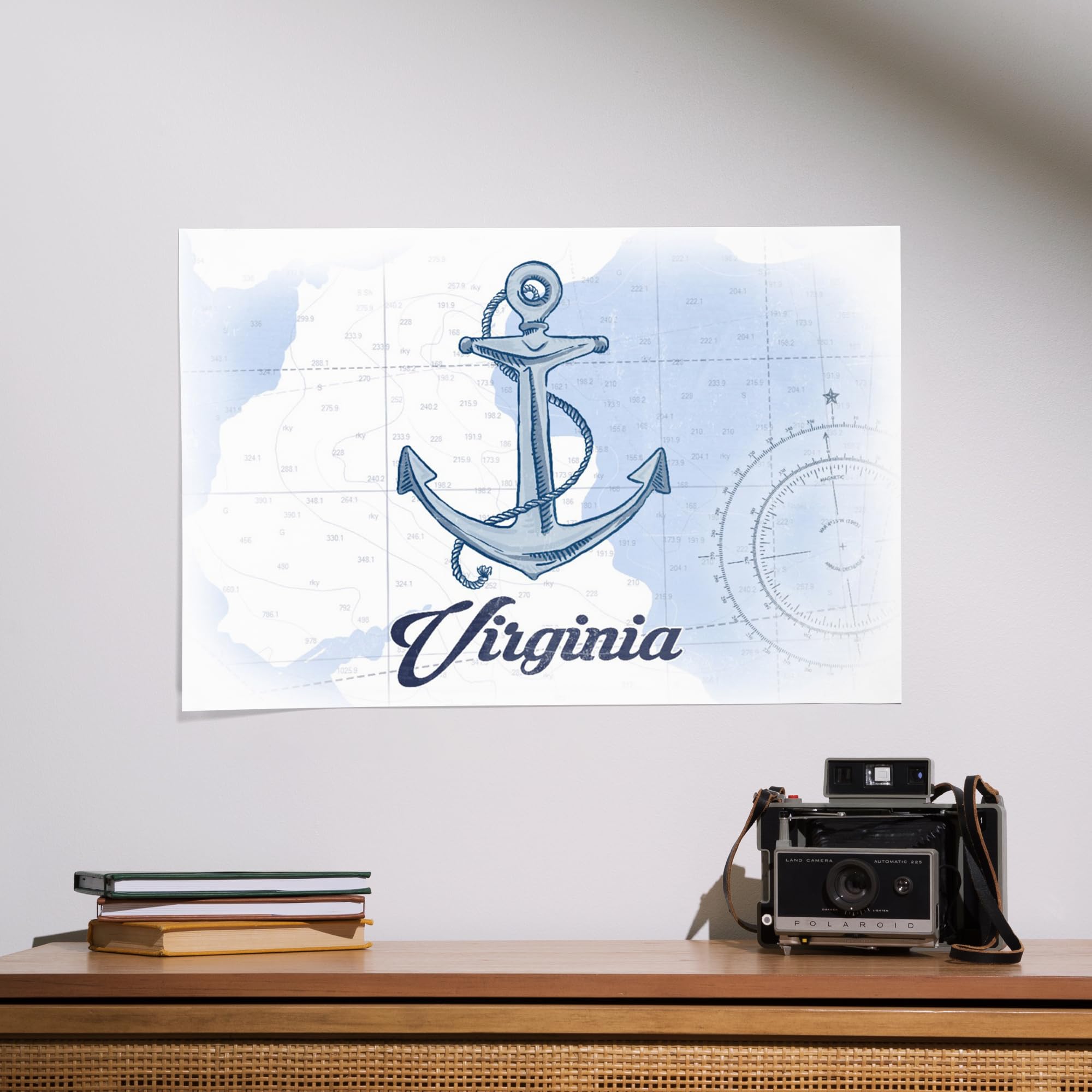 Lantern Press 16x24 Inch Giclee Art Print - Virginia Coastal Anchor in Blue | Wall Decor for Beach House, Nautical Bedroom & Coastal Living Room