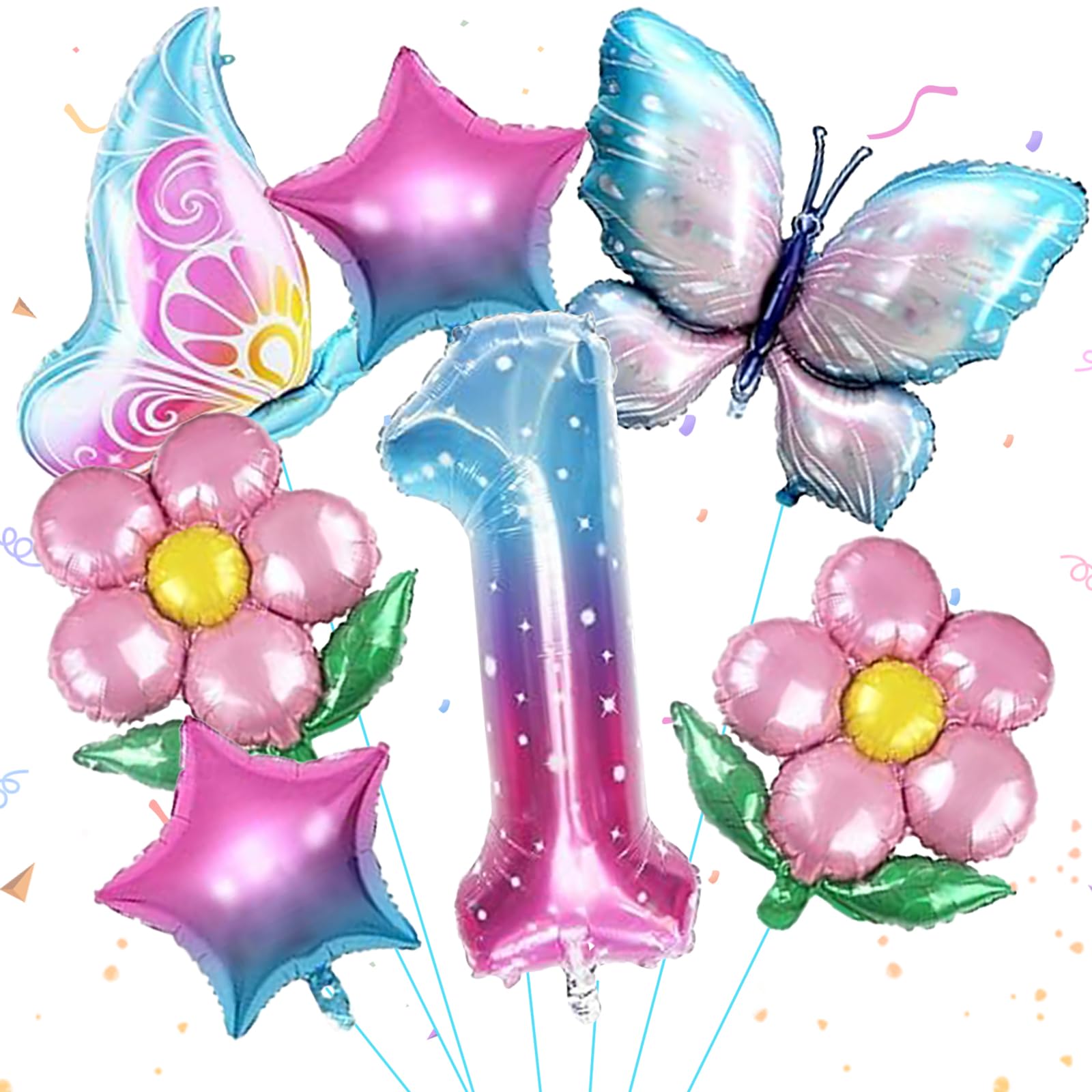 7 Pcs Butterfly Birthday Balloons for 1st Birthday Party Decorations - Colorful Theme Party Supplies for Girls, Baby Showers & Gender Reveal Celebrations