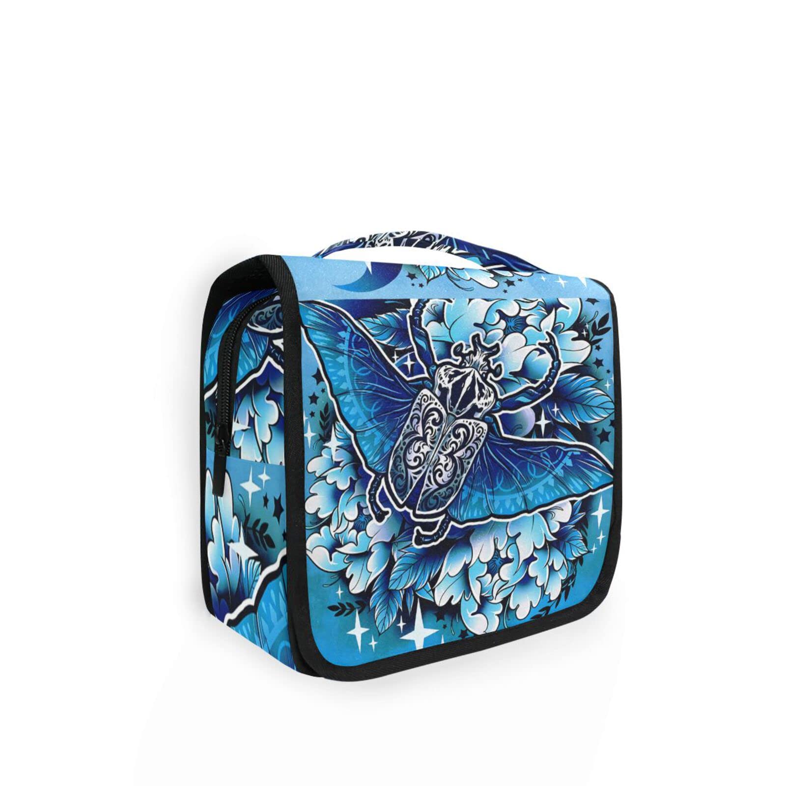 Beetles Blue Floral Hanging Travel Toiletry Bag for Women & Men - Waterproof Cosmetic Organizer Pouch with Multiple Pockets - Perfect for Makeup, Toiletries, Shampoo Storage on Trips, Camping & Gym Use