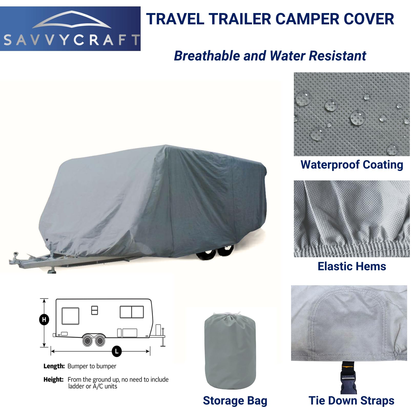 SavvyCraft Waterproof & UV-Resistant Travel Trailer Cover - Breathable RV Camper Cover for 14-16 ft Trailers - Perfect for Outdoor Storage & Winter Protection