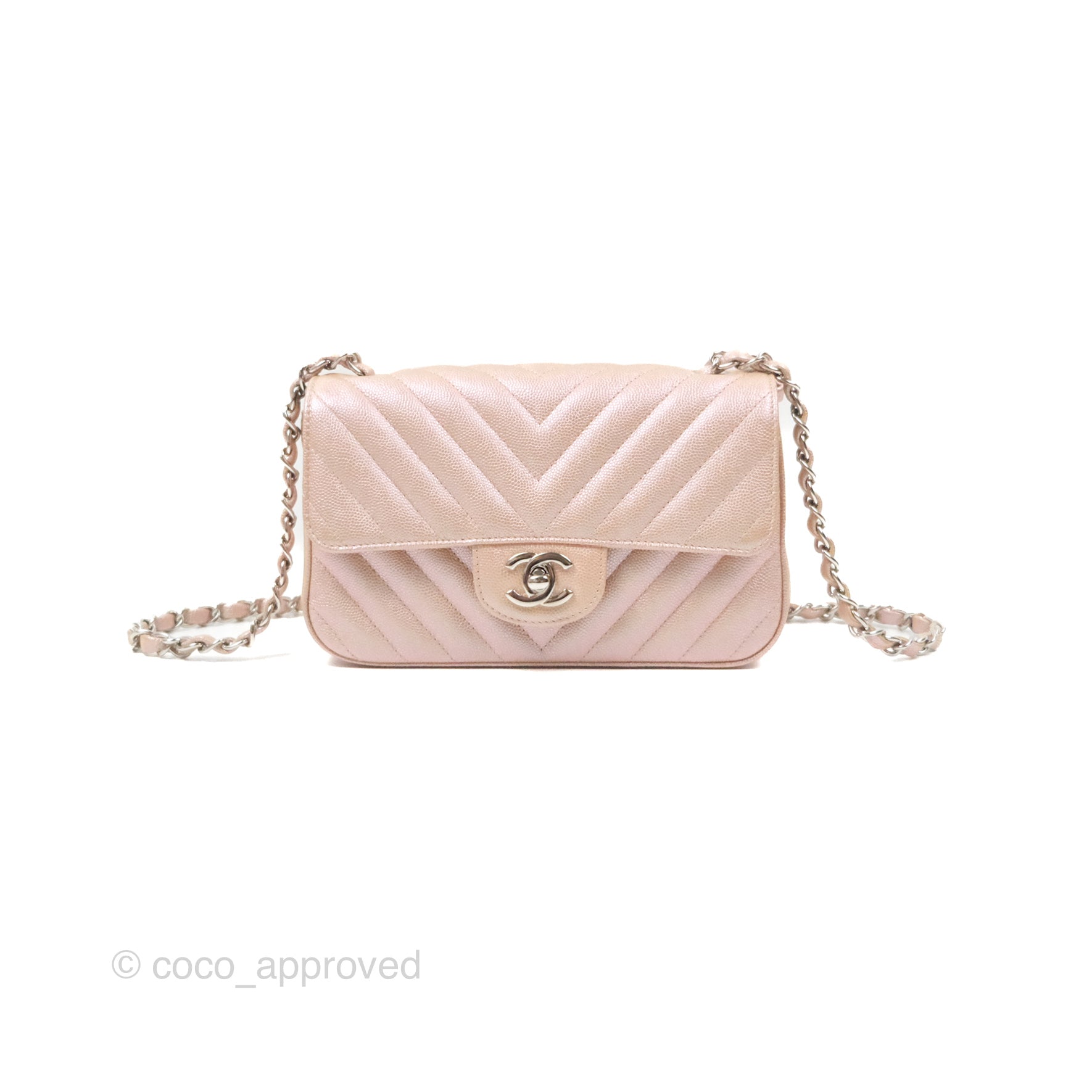 Chanel Chevron Mini Rectangular Flap Bag in Iridescent Rose Gold Caviar Leather with Ruthenium Hardware - Perfect for Evening Events & Luxury Fashion Accessories