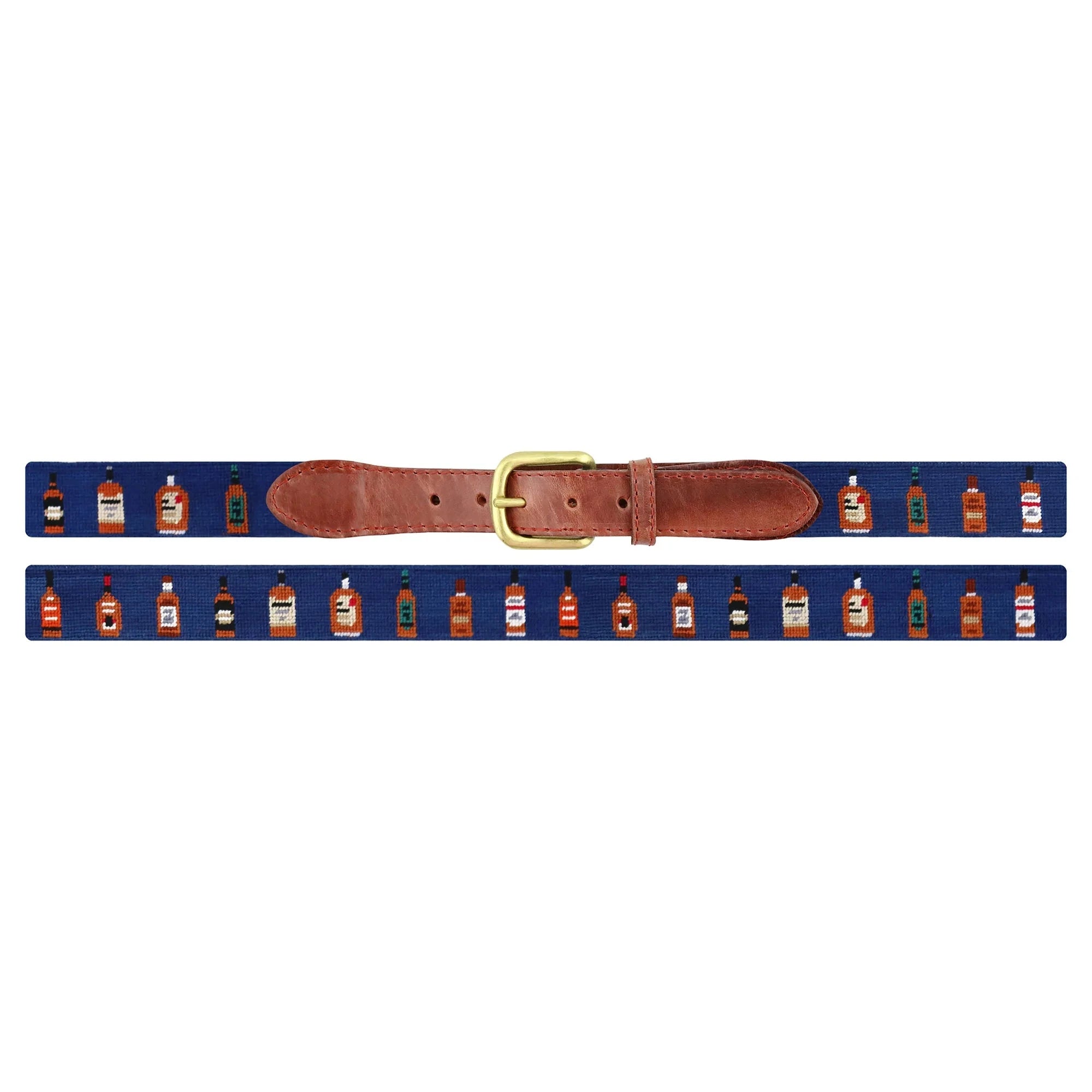 Needlepoint Belt with Bourbon Bottles Design in Navy Blue - Perfect for Casual Wear, Gifts, and Bourbon Enthusiasts