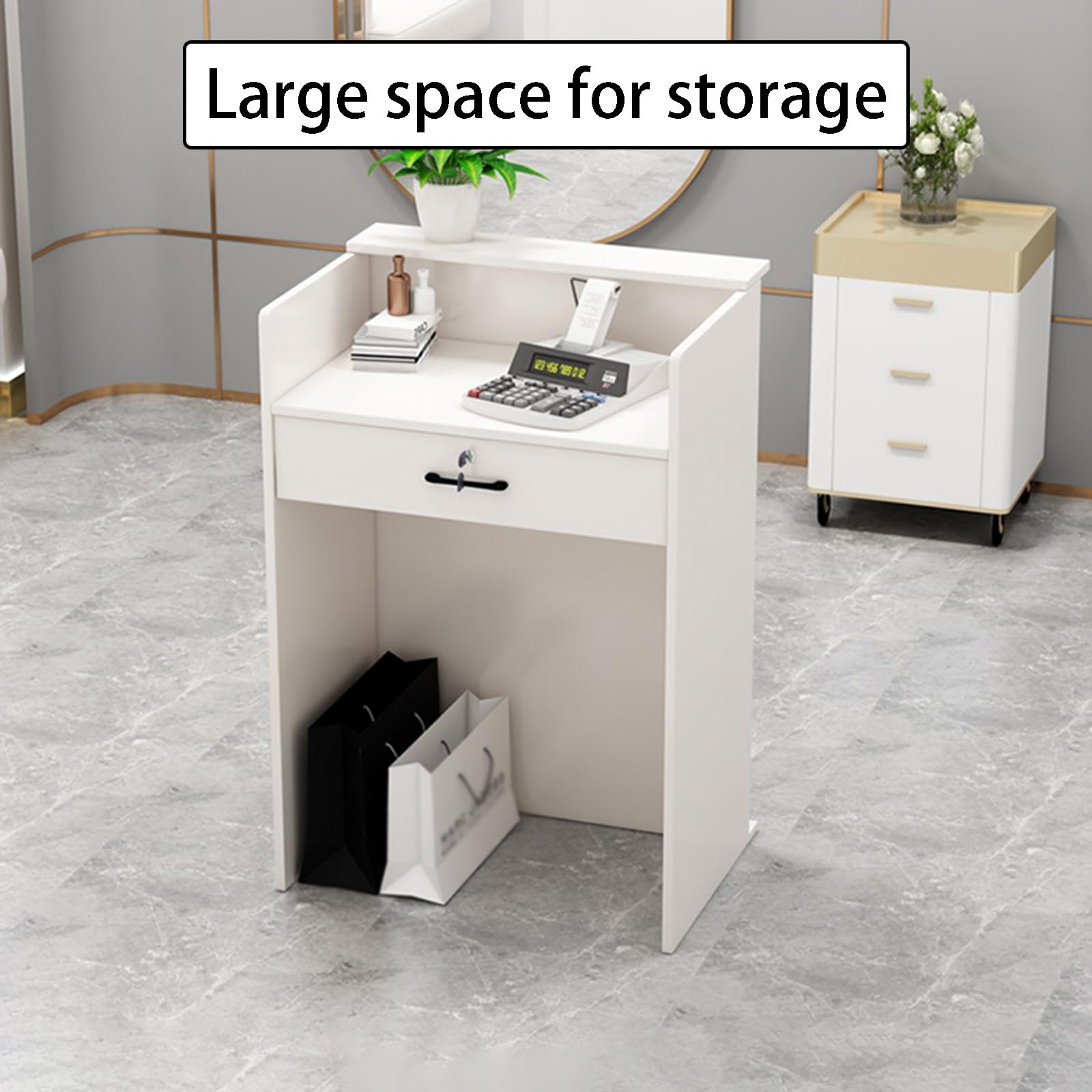 Luxury Small Reception Desk for Office & Salon - Modern White L-Shaped Front Desk with Storage for Small Spaces - Perfect for Lobby, Checkout Counter & Waiting Areas