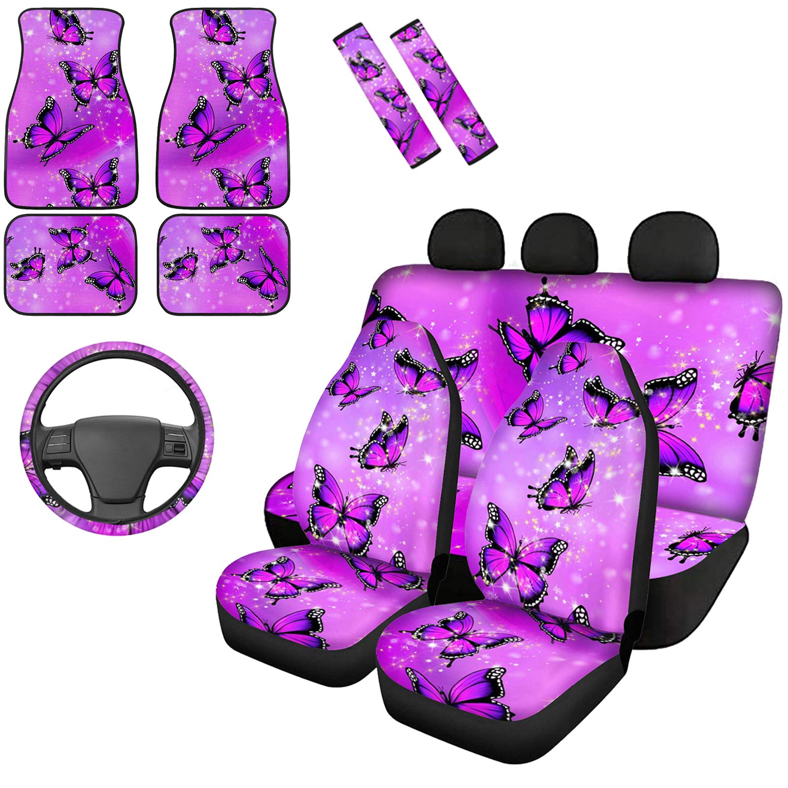 CLOHOMIN Pink Butterfly Universal Car Seat Cover Set - Washable Front & Rear Seat Protectors, Steering Wheel Cover & Seat Belt Pads | Animal Print Vehicle Interior Accessories for Cars, SUVs & Trucks | Perfect for Daily Commute, Road Trips & Pet Protection