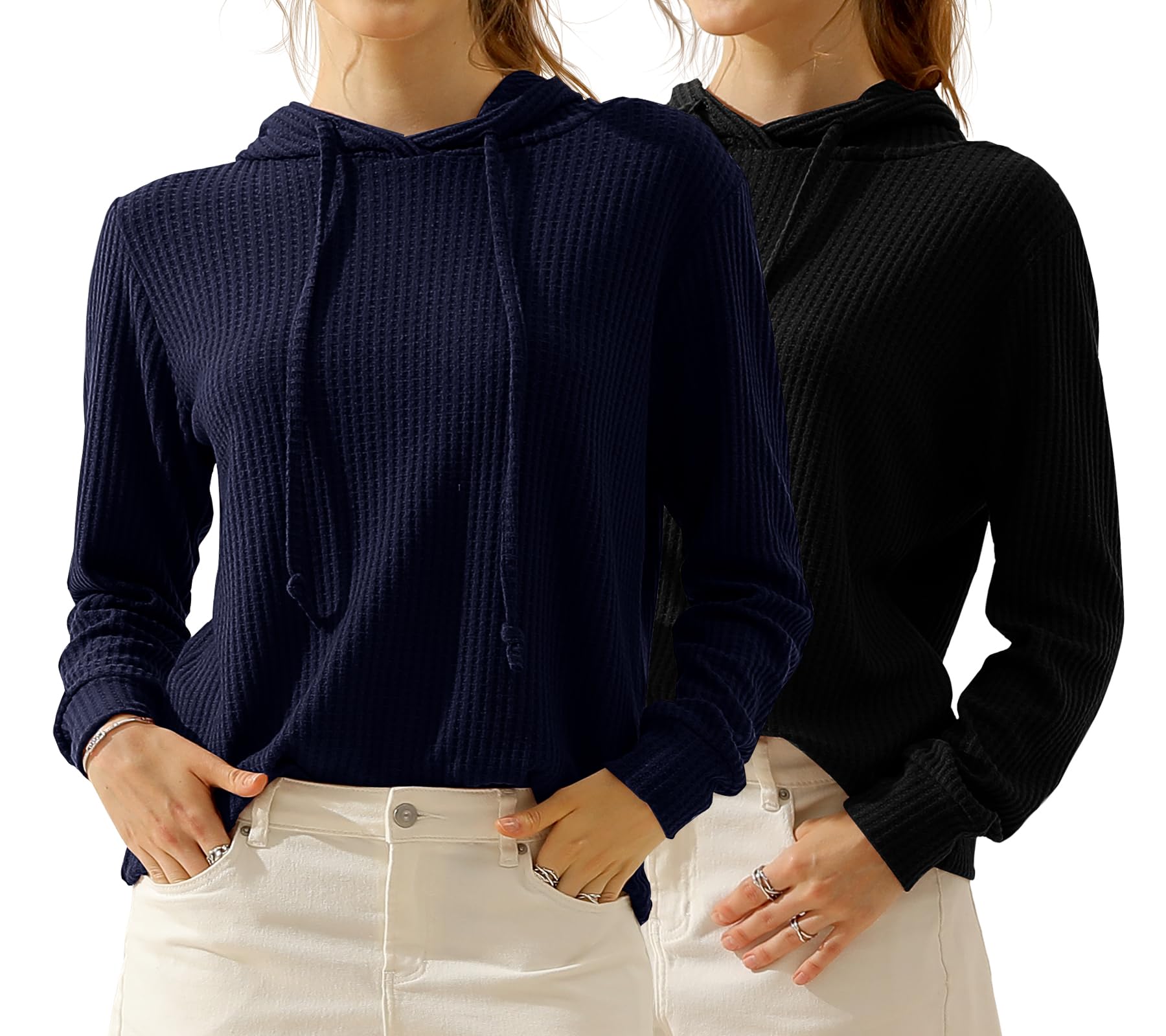 DOUBLJU 2 Pack Women's Casual Long Sleeve Oversized Hoodies - Waffle Knit Sweatshirts, Basic Hooded Loose Tops for Workout, Lounge & Everyday Wear
