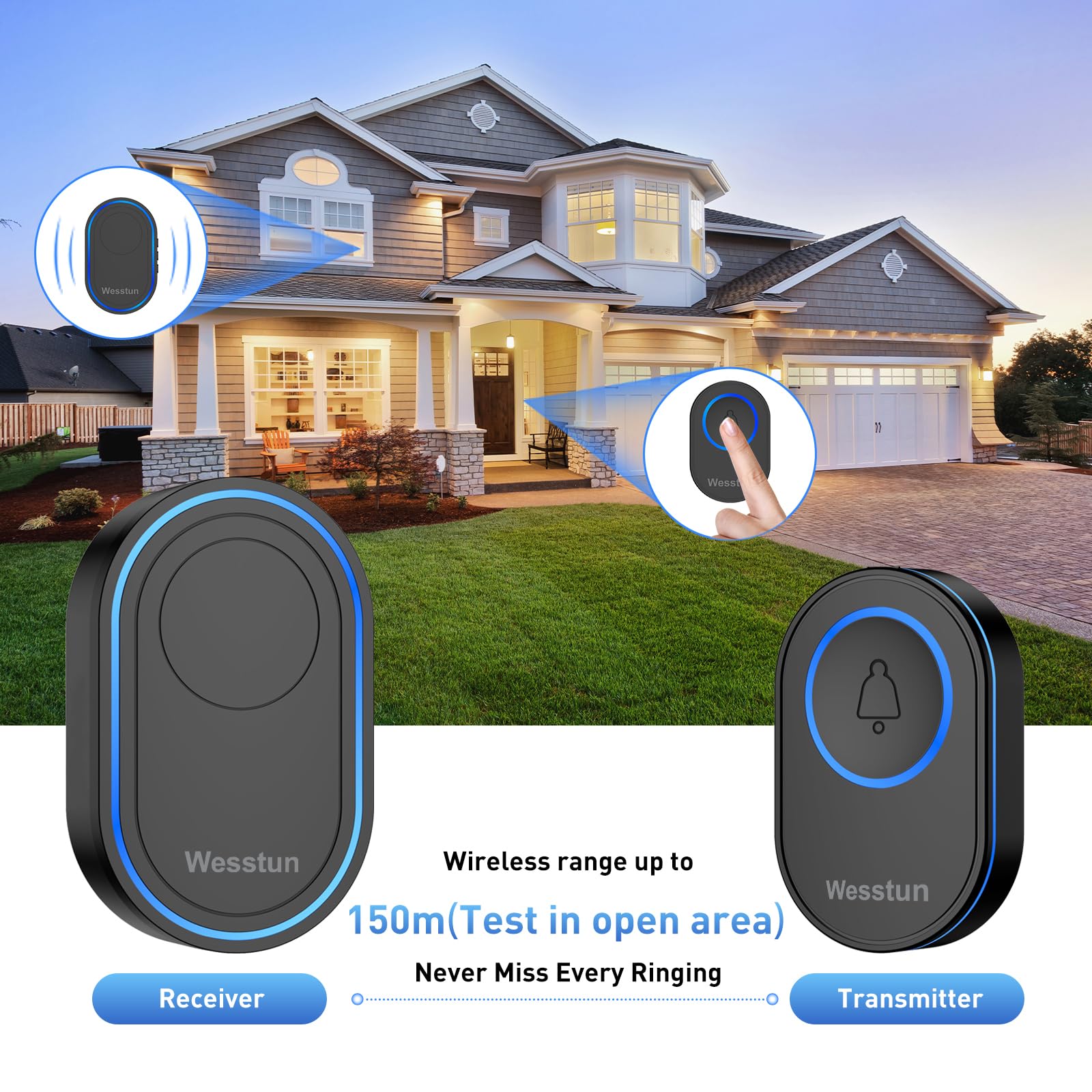 Wireless Doorbell with 39 Chimes - IP67 Waterproof, 5-Level Volume Adjustable & LED Indicator - Easy Installation for Home, Classroom, Warehouse (Black) | Perfect for Front Door, Office, and Large Spaces