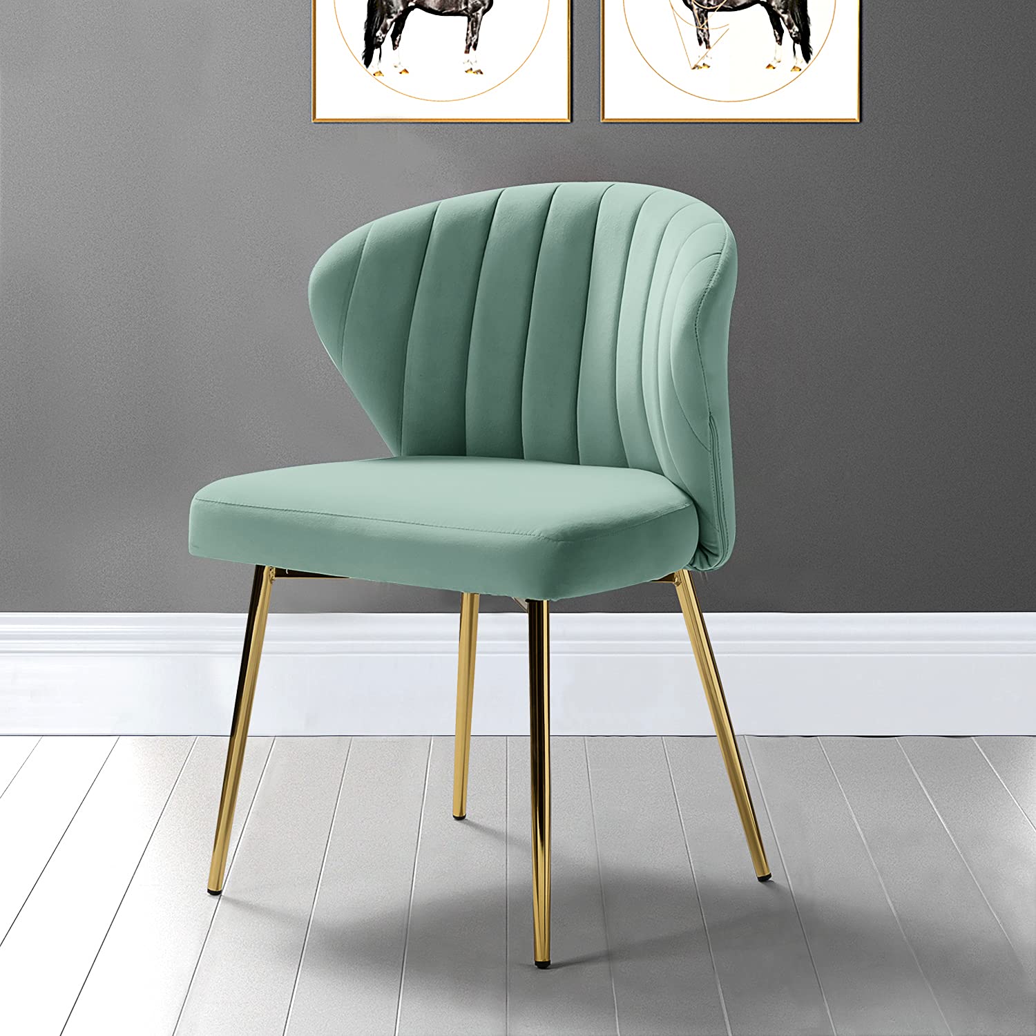 TINA'S HOME Modern Velvet Dining Chairs - Small Accent Chair with Golden Metal Legs, Tufted Back Upholstered Side Chair for Living Room, Kitchen, Vanity, Patio & Beauty Salon - Sage Green