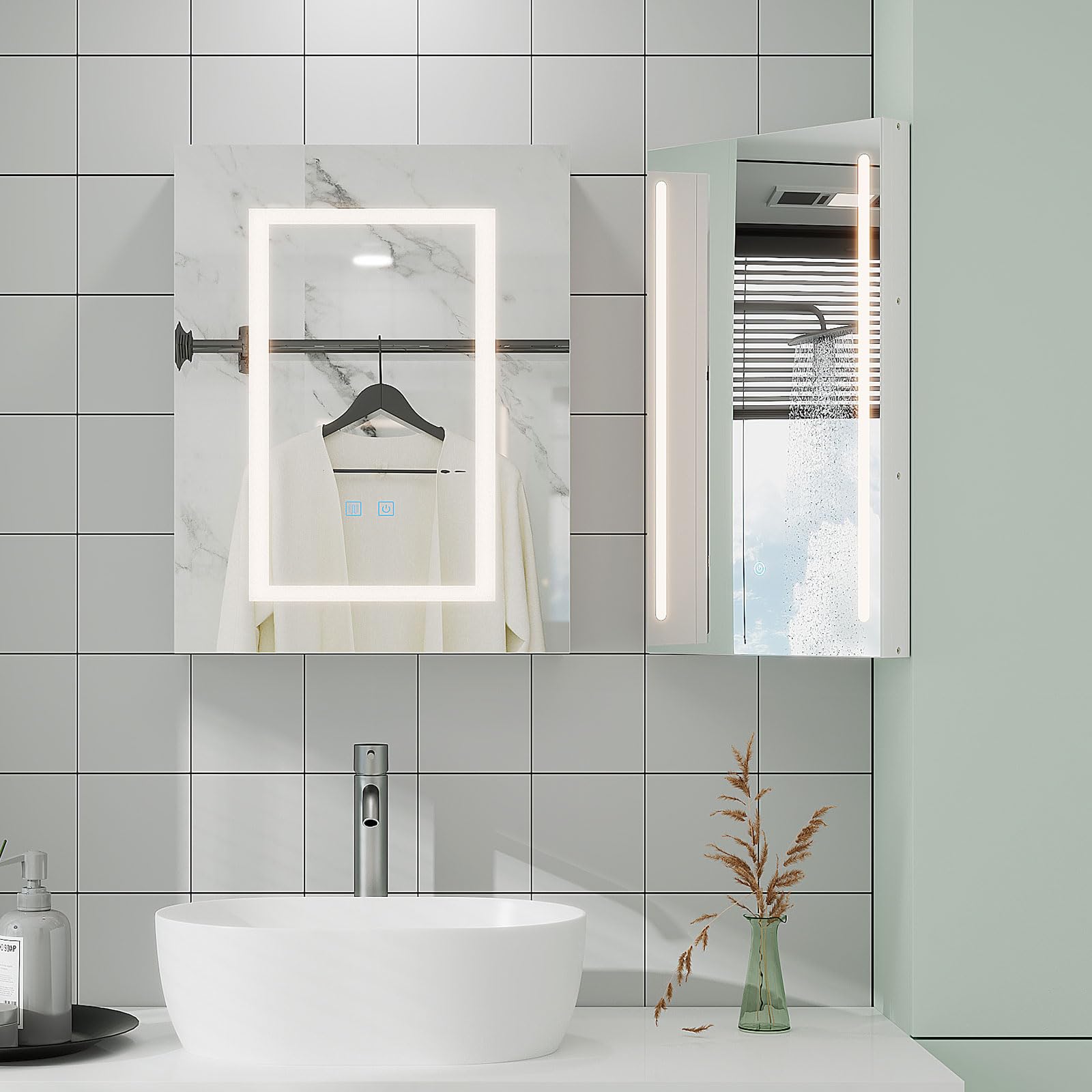 Corner Medicine Cabinet with LED Lights and Mirror - 14x24 Inch Small Wall Mounted Bathroom Cabinet in White - Perfect for Bathroom, Vanity, and Small Space Storage