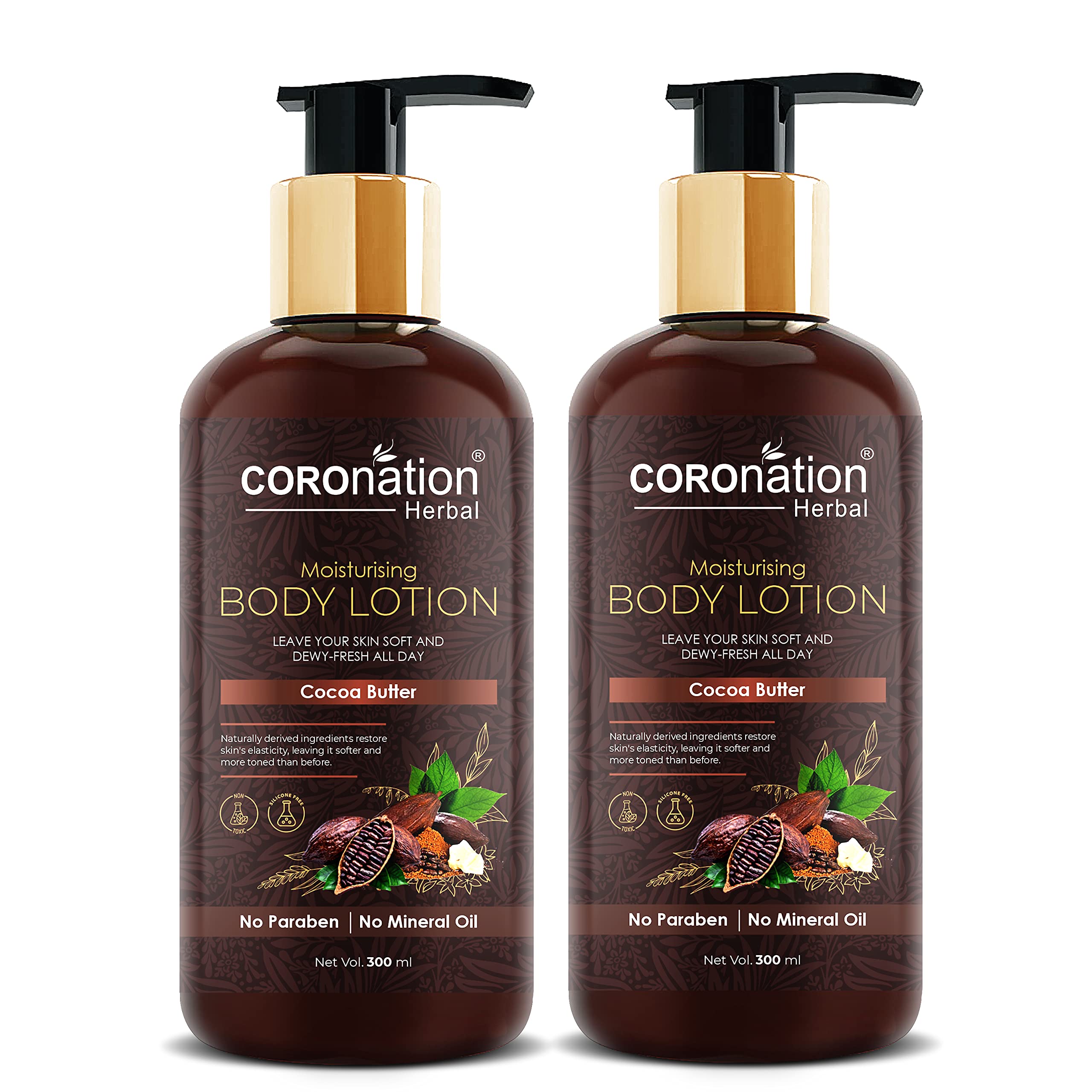 COROnation Herbal Unisex Cocoa Butter Moisturizing Face & Body Lotion - 300ml X 2 (Pack of 2) | Deep Hydration for Dry Skin, Natural Skincare for Men & Women | Perfect for Daily Moisturizing, After Shower Care & Travel Essentials