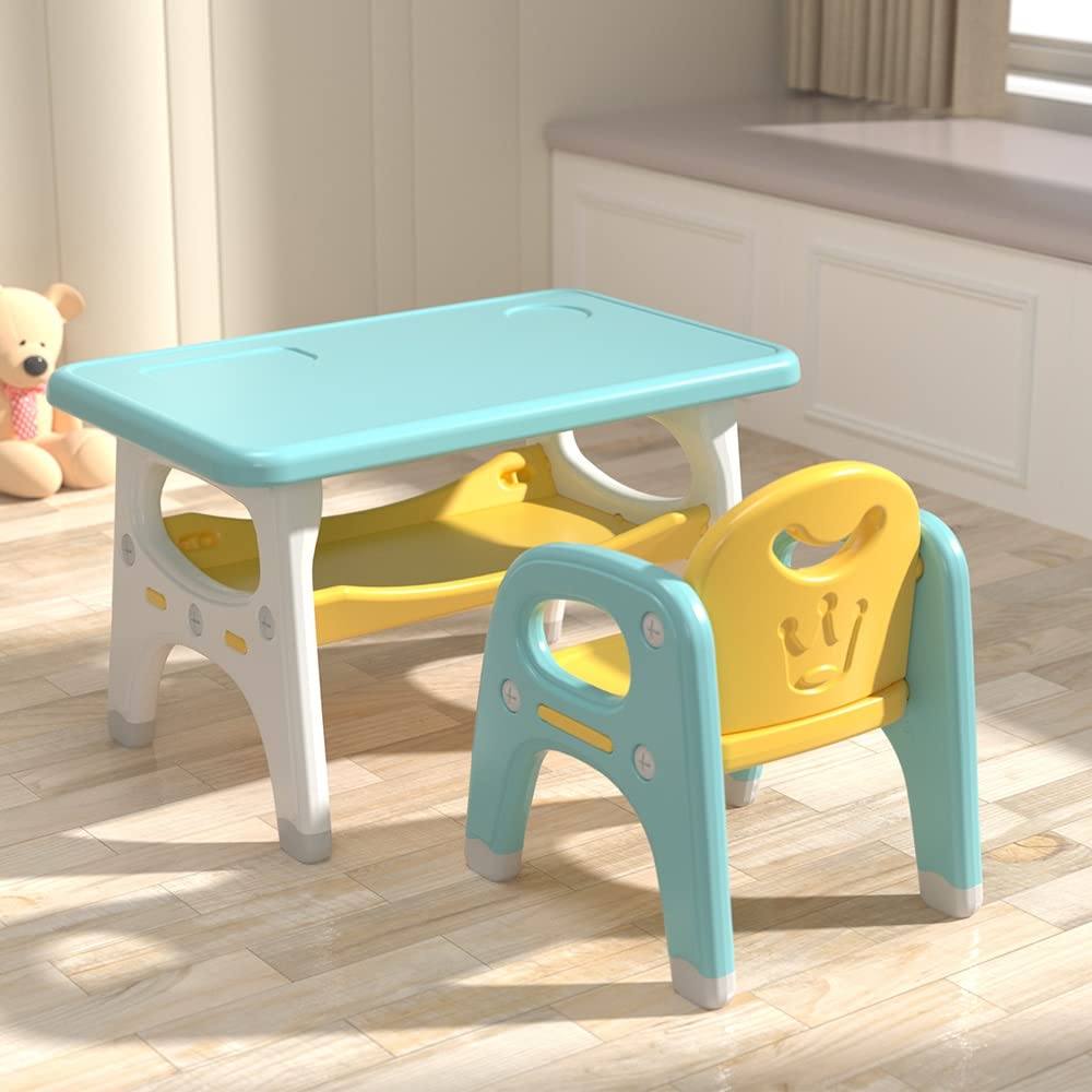 SUOSHEN Kids Table and Chair Set - 1/2/3 Piece Folding Activity Table with Storage, Stackable Plastic Toddler Furniture for Reading, Playroom, Classroom - Indoor/Outdoor Use for Home, Daycare & Preschool