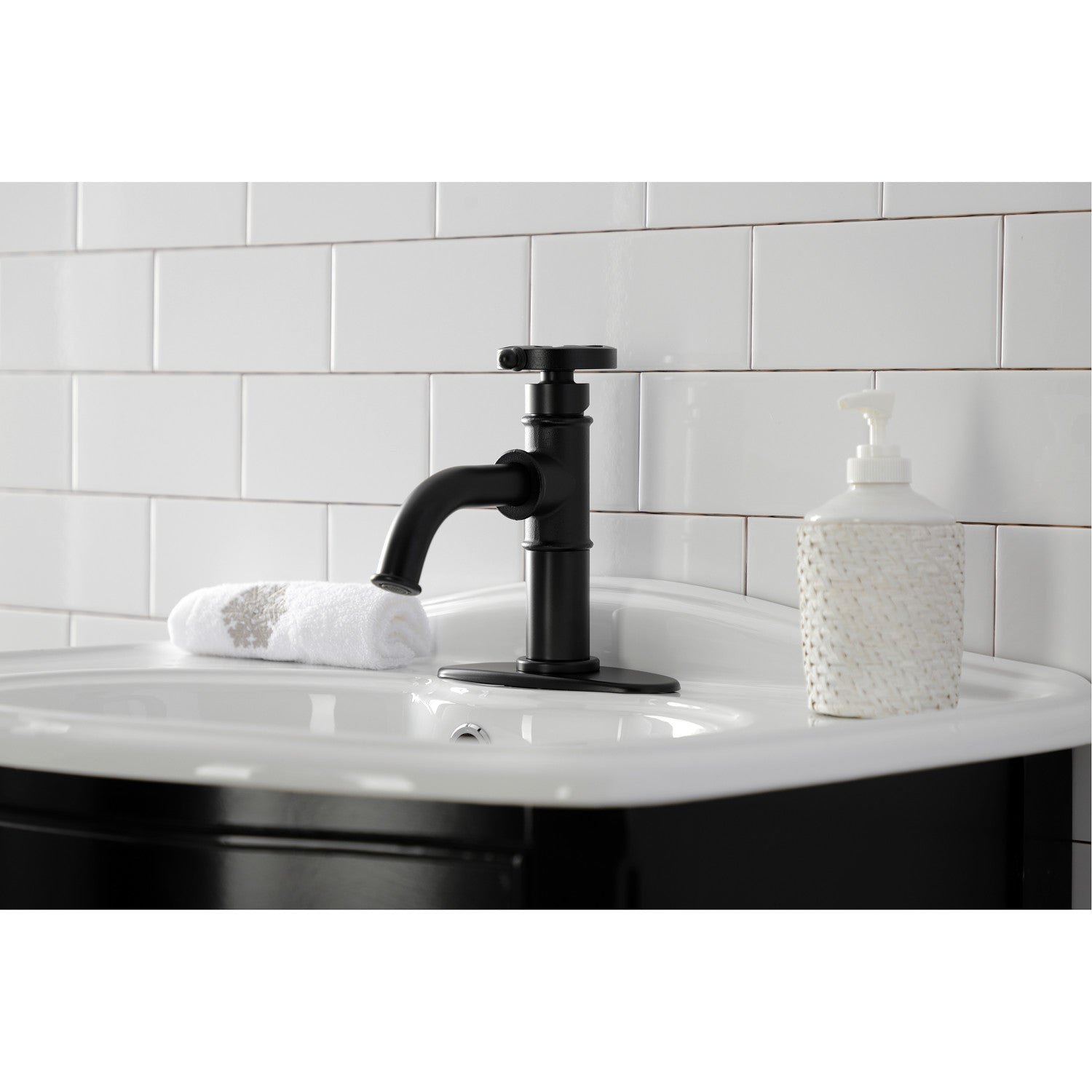 Belknap KSD2820RX Matte Black Single Handle Bathroom Faucet with Deck Plate & Push Pop-Up Drain - Perfect for Modern Bathroom Renovations and Small Space Vanities