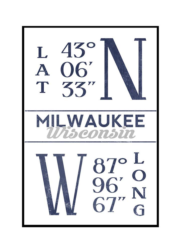 Milwaukee Wisconsin Latitude Longitude Map Art - 24x36 Framed Gallery Wrapped Canvas Print - Blue City Coordinates Wall Decor for Home Office Living Room