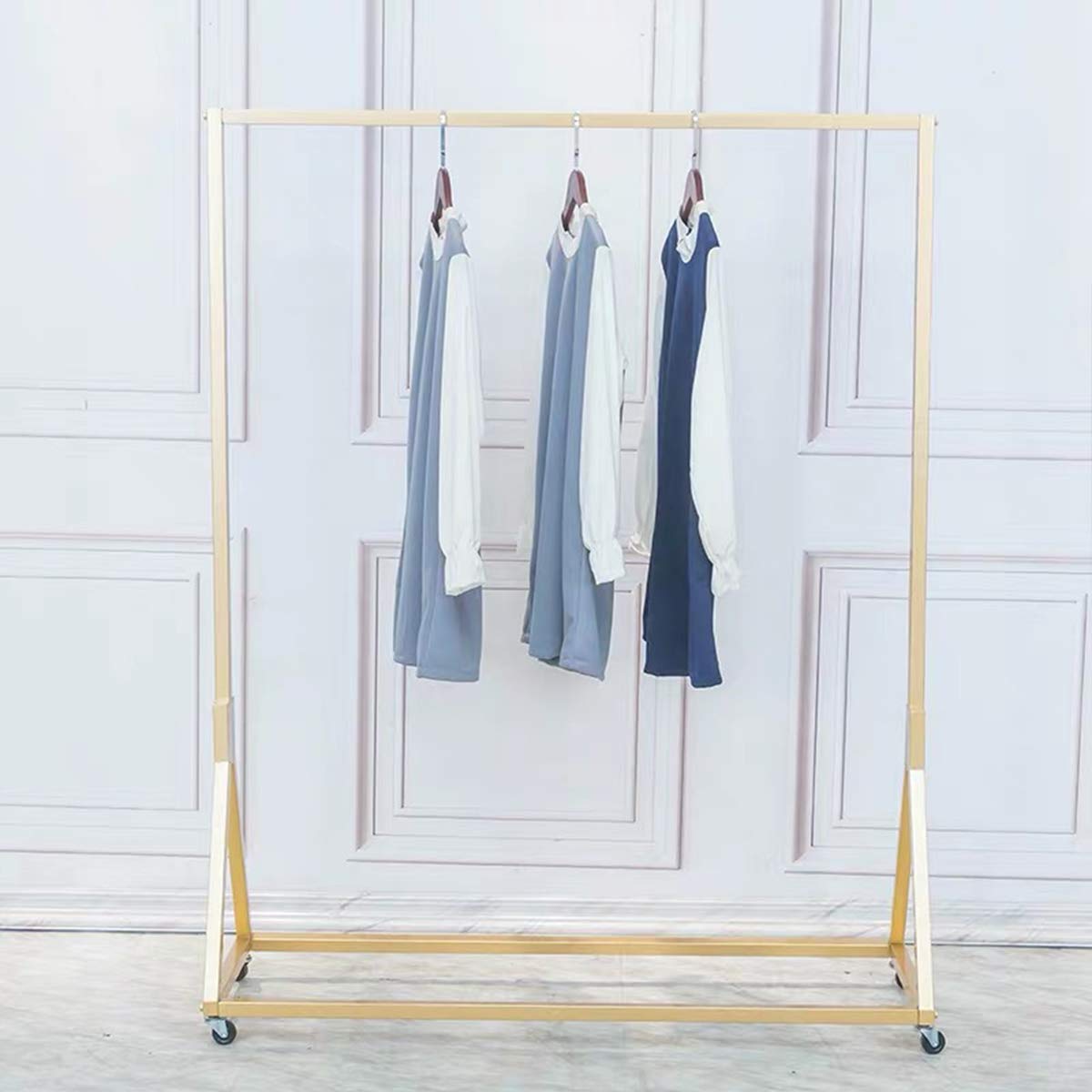 Heavy Duty Metal Rolling Garment Rack with Wheels - Modern Simple Gold Square Tube Clothes Rack (59 Inch Length) for Closet Organization, Laundry Room, Retail Store Display & Home Storage